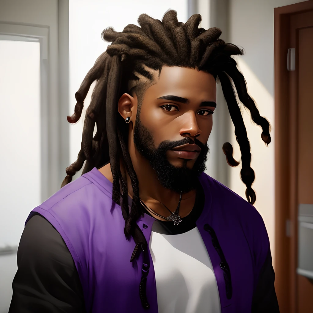 Crie um homem negro de barba, Medium-sized black dreads and purple locks