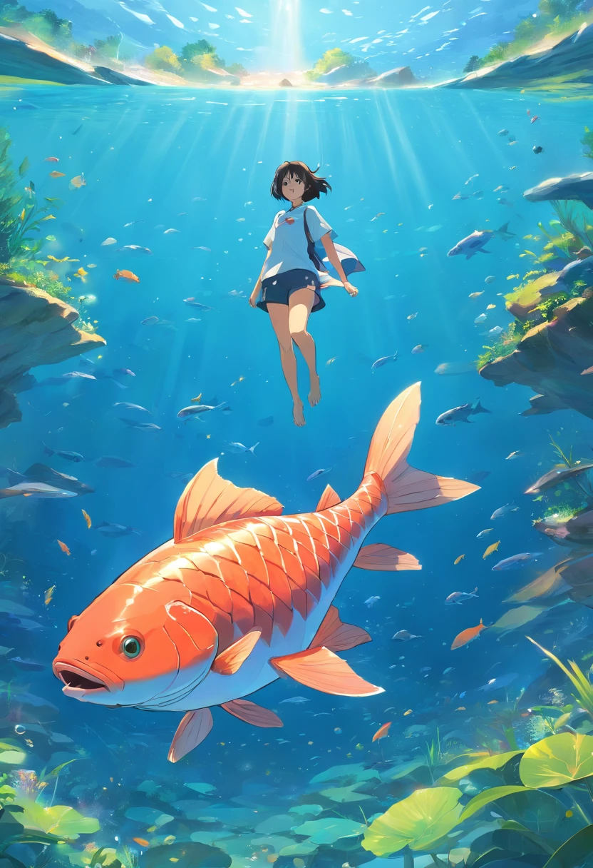 art graphic, Flat illustration of a large fish , limpeza altamente detalhada, imagem vetorial, fundo branco plano, vibrante, vetor, peixe pulando, realistico