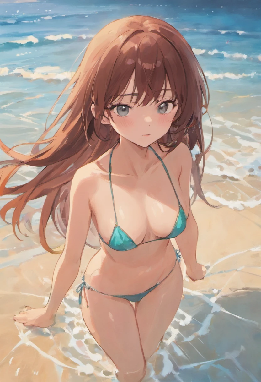 sea beach background，Big brunette sister，比基尼，Get wet，hair wet，crisp breasts，cleavage，Clear detail，orthofacial