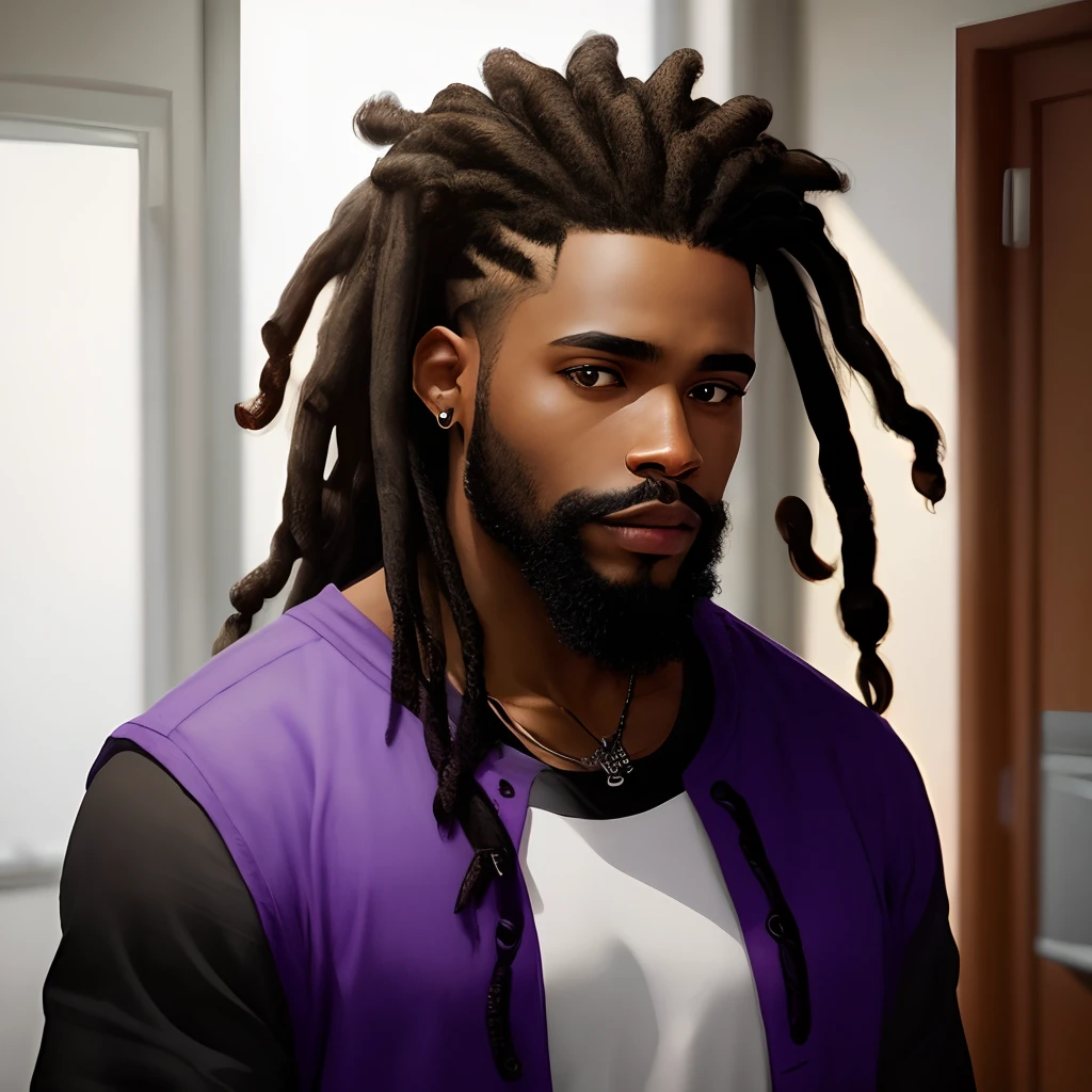 Crie um homem negro de barba, Medium-sized black dreads and purple locks