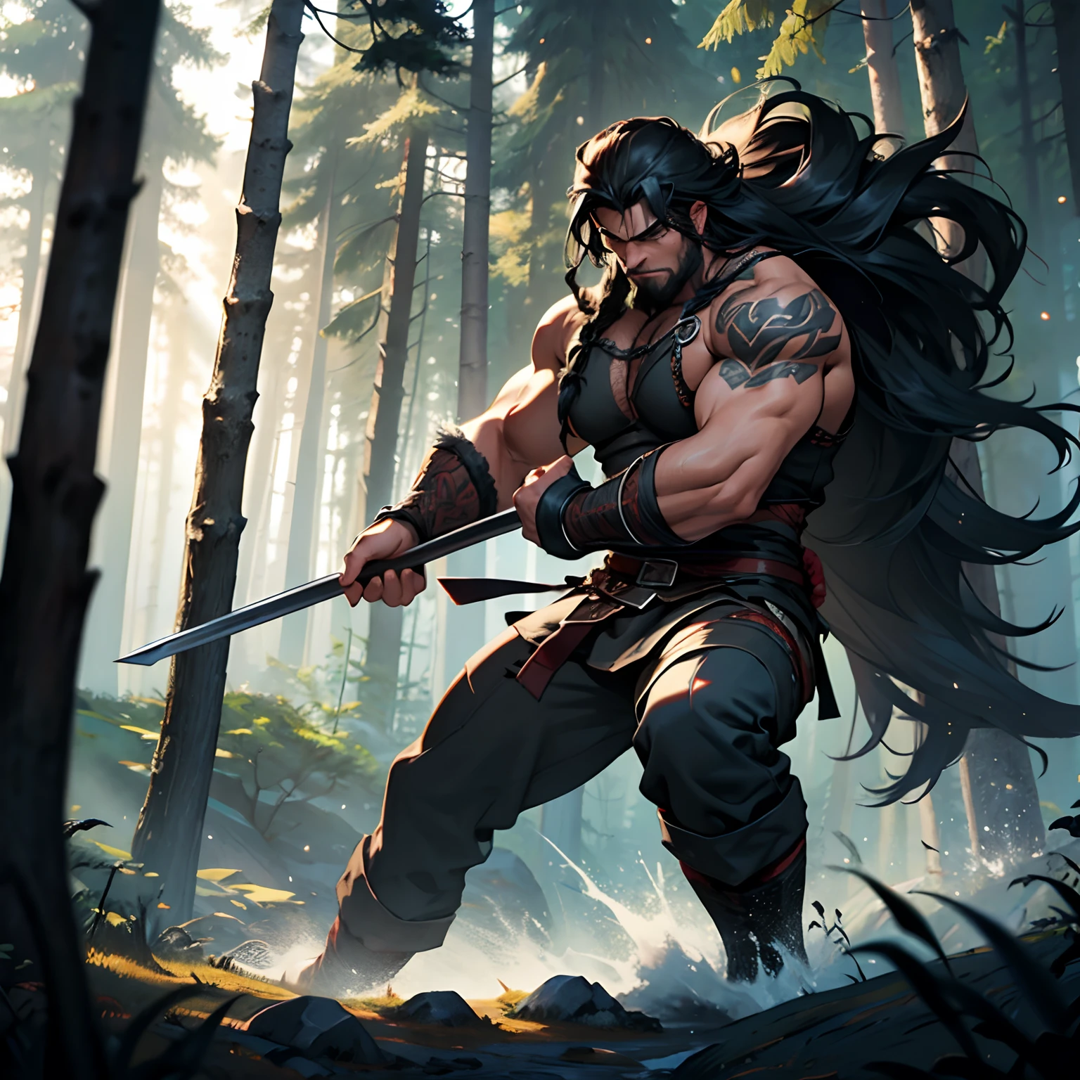 Musculous Viking Berserker. Dark Black Long Hair. Very Long Hair. Forest Background