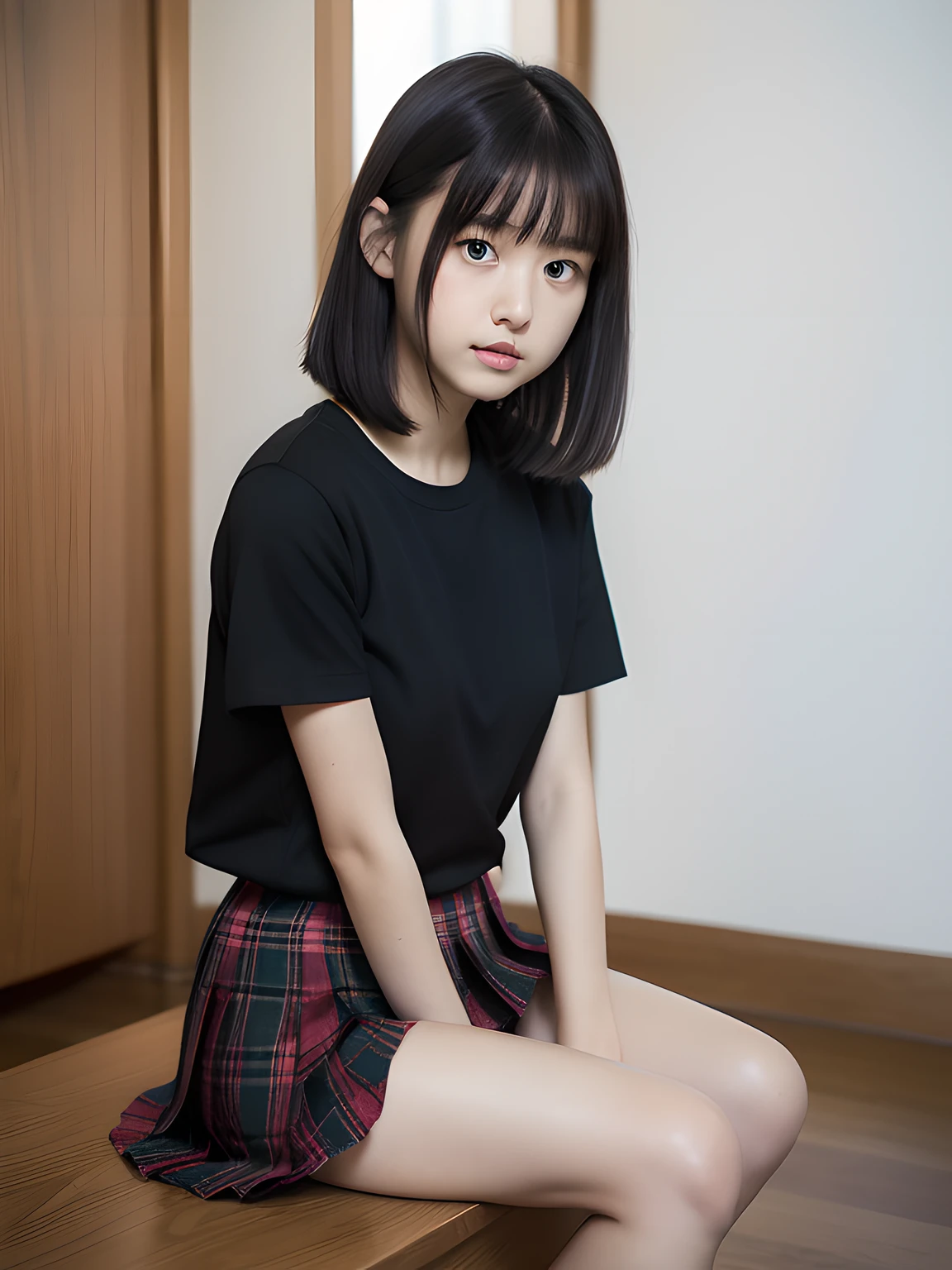 wariza，Sit up，Hands between legs，年轻，(Plaid pleated skirt)，flat breast，Black short-sleeved T-shirt，parka，Pupils，teens girl，A dark-haired，delicate and petite body，in a house