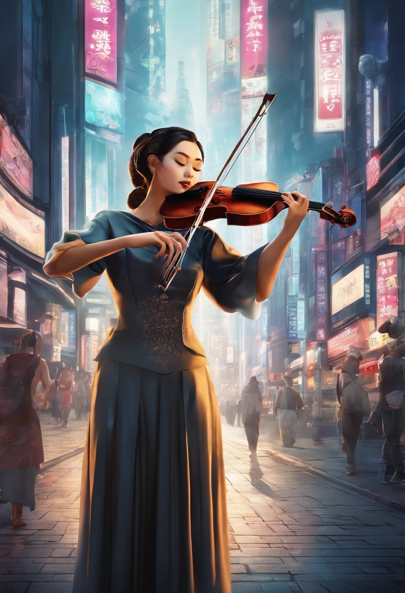 a traditional woman playing violin in the middle of a tokyo street, cyberpunk, elegant beauty ,
