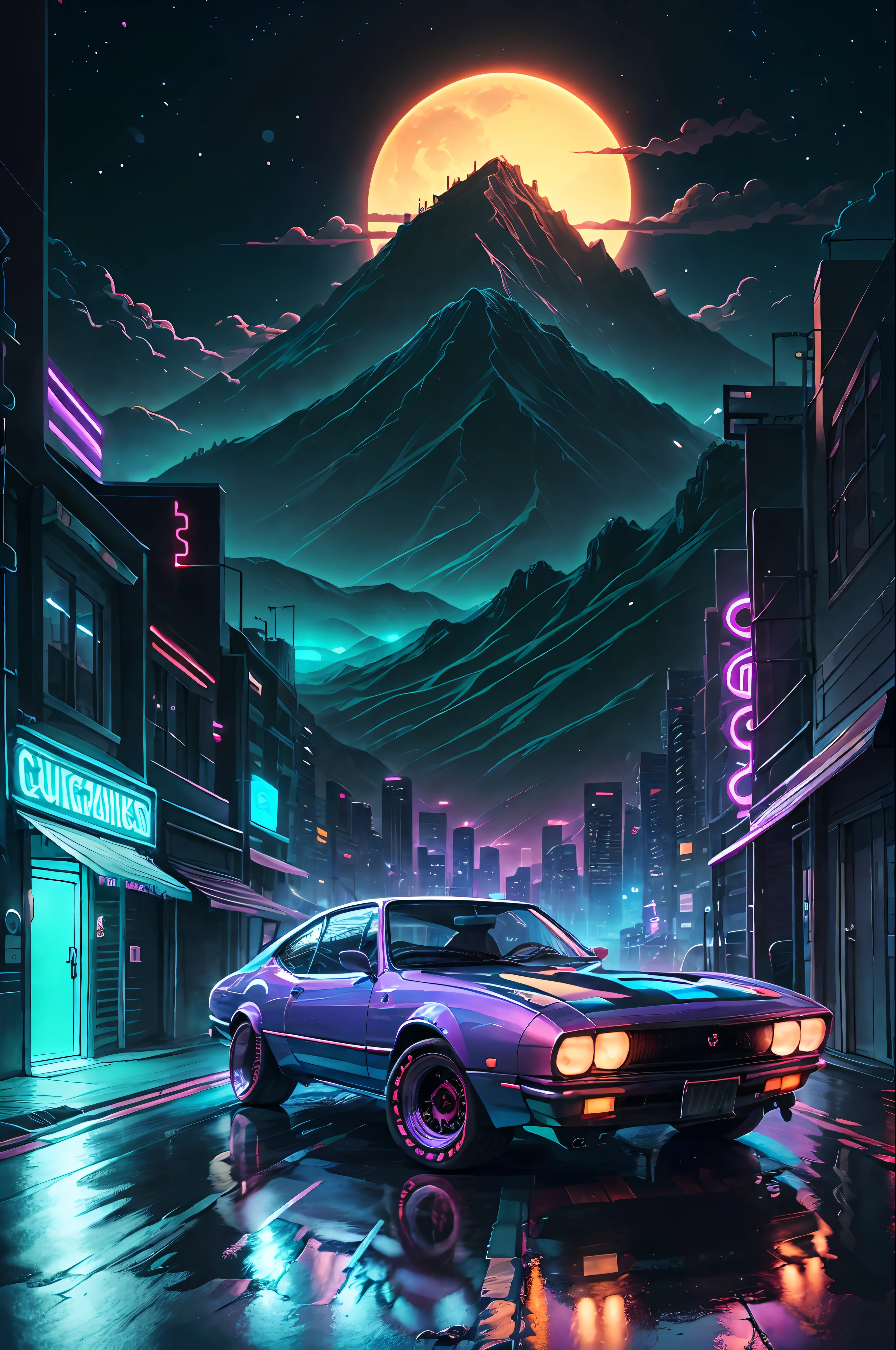 retrowave. city, 1969 Nissan S30, wide body kit, road, purple neon lights, sun, mountain,
(masterpiece,detailed,highres),