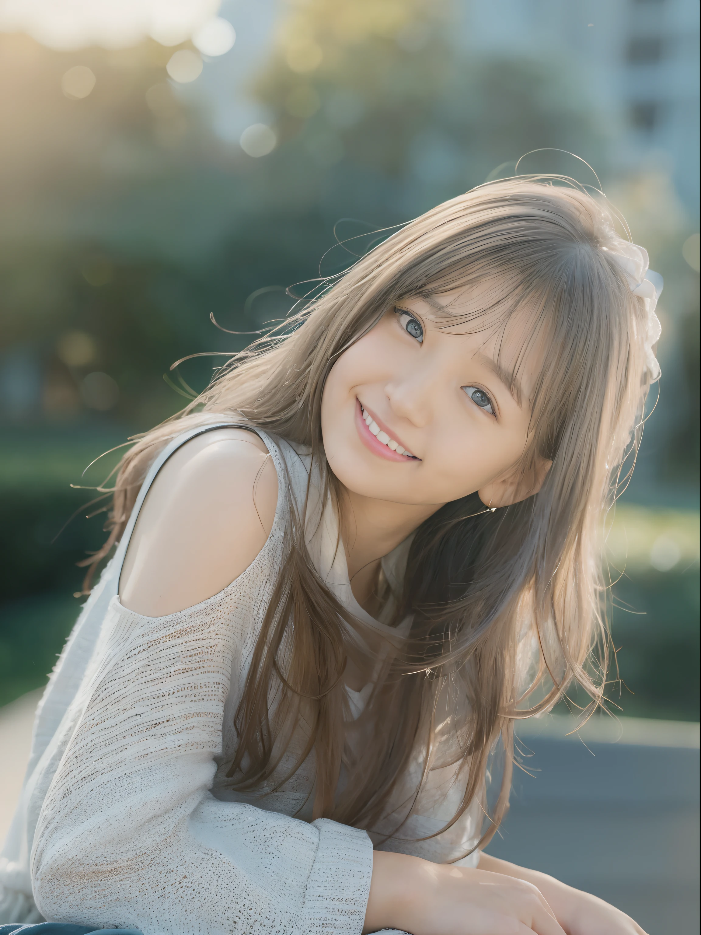 (8K, top-quality, masterpiece:1.2), (realisitic, Photorealsitic:1.37), ultra-detailliert, 1Girl of Man,cute little, 独奏,Beautiful detailed sky,date,(Nasal blush),(A smile:1.15),(a closed mouth)tiny chest、beatiful detailed eyes、(length hair: 1.2)、Floating Hair NovaFrogStyle、The upper part of the body、Tank Tops、An 18-year-old woman、Happy smile