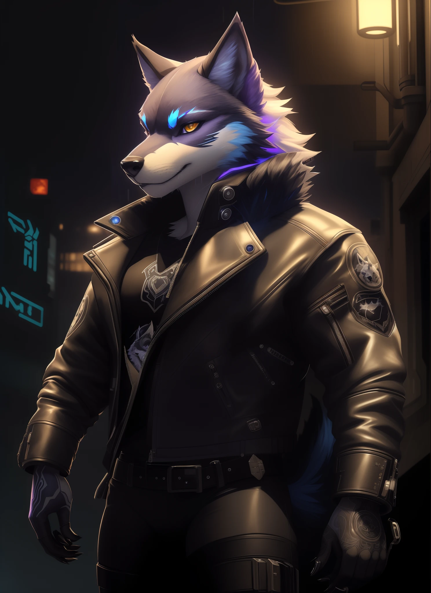 a beautiful portrait of a cute cyberpunk husky wolf hybrid with black and white fur wearing a leather jacket.  by sandra chevrier and greg rutkowski and wlop, purple blue color scheme, high key lighting, volumetric light, digital art, highly detailed, fine detail, intricate, ornate, complex, octane render, unreal engine, photorealistic
award winning beautiful portrait commission of a male furry anthro Blue wolf fursona with a tail and a cute beautiful attractive detailed furry face wearing stylish black cyberpunk clothes in a cyberpunk city at night while it rains. Character design by charlie bowater, ross tran, artgerm, and makoto shinkai, detailed, inked, western comic book art