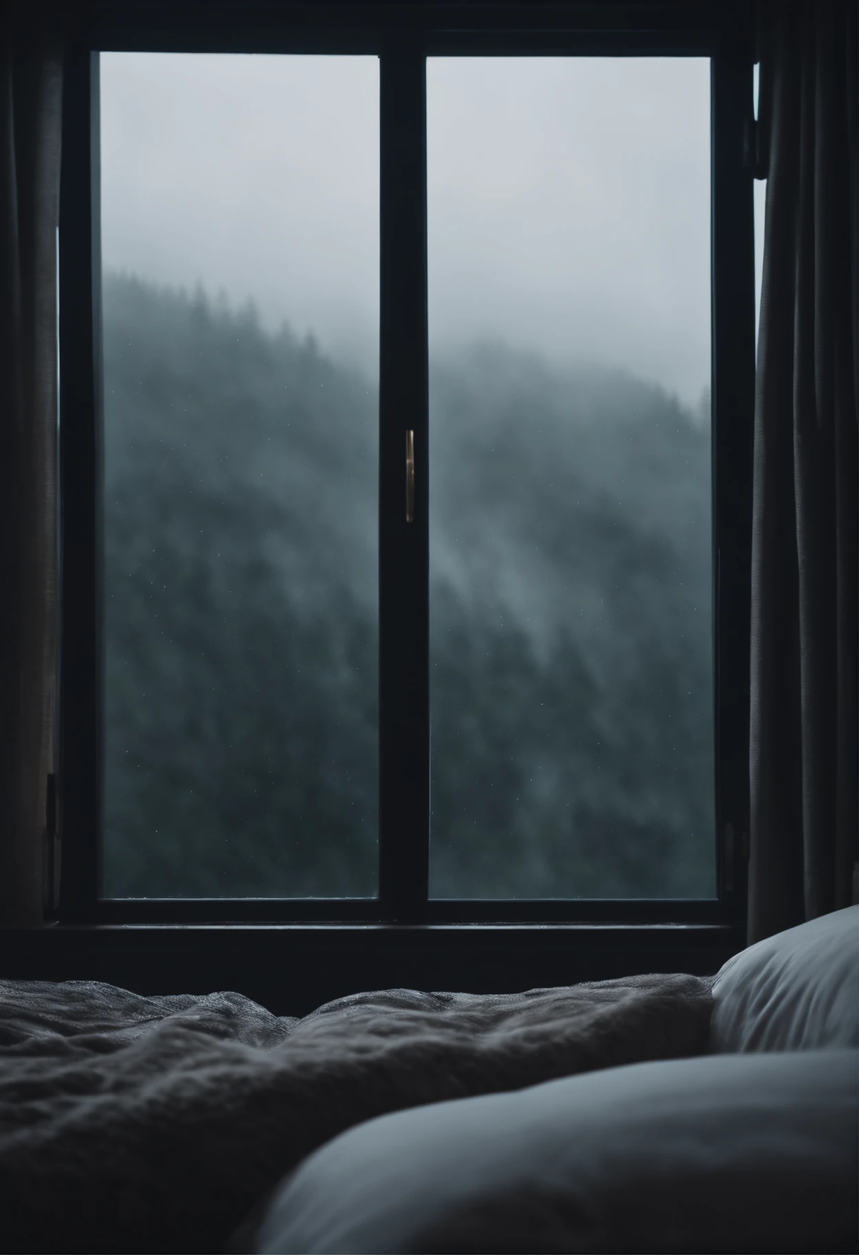 (masterpiece, bestquality),Bedroom with snow view,Outside the window,Fog,Comfy bed.,Sea of clouds with rain,warm,