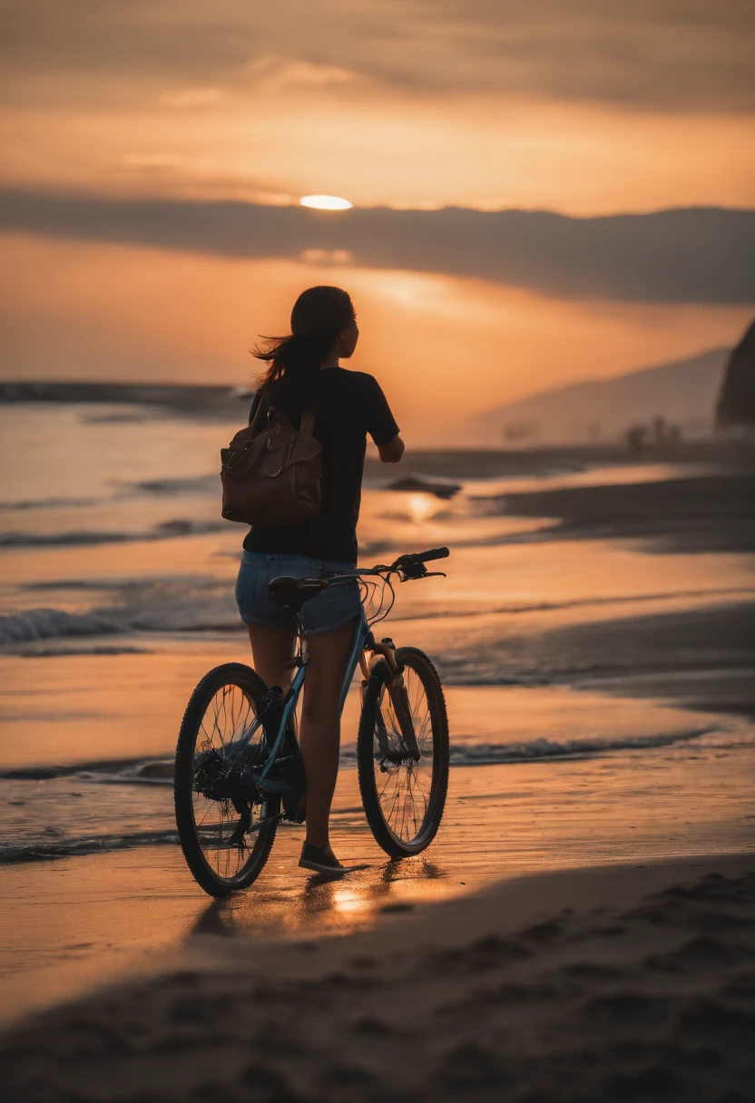 masterpiece, top-quality, 超A high resolution, (Photorealsitic:1.4), beautiful lighting, RAW Photography, 8k UHD, Super detailed face, realisitic、 beautiful a girl, japanaese girl, (T-shirt and shorts are coming), Coast at dusk, longshot, Professional photographer shoots with SLR camera、Walk along the beach with your bike pushed by hand、cinematic