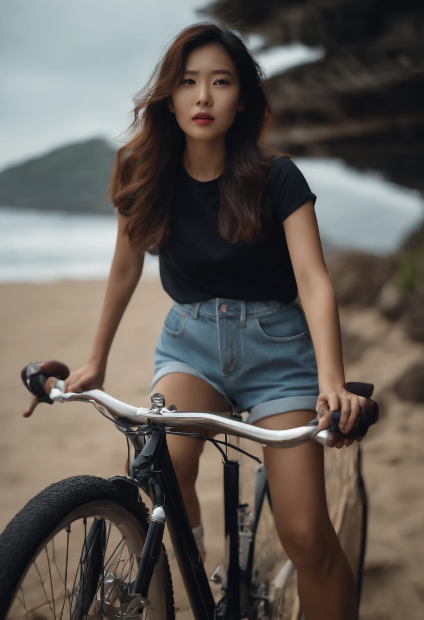 masterpiece, top-quality, 超A high resolution, (Photorealsitic:1.4), beautiful lighting, RAW Photography, 8k UHD, Super detailed face, realisitic、 beautiful a girl, japanaese girl, (T-shirt and shorts are coming), Coast at dusk, longshot, Professional photographer shoots with SLR camera、Walk along the beach with your bike pushed by hand、cinematic