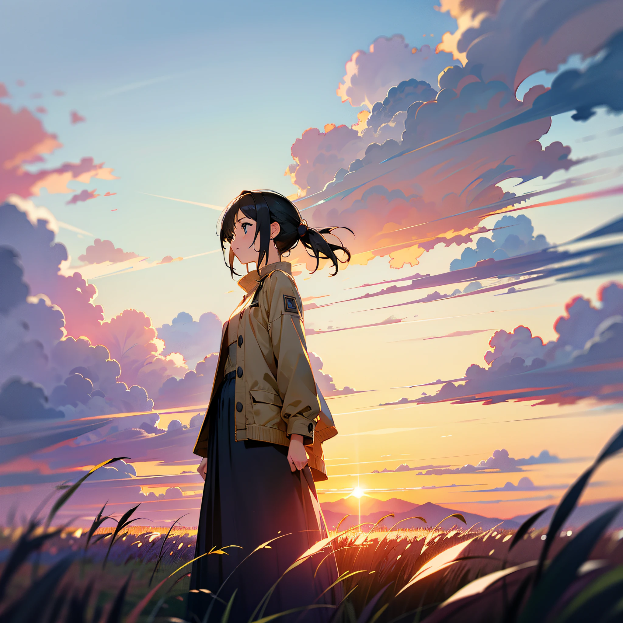Girl Standing In The Field, gros-plan, Portrait, Clouds, Sunrise