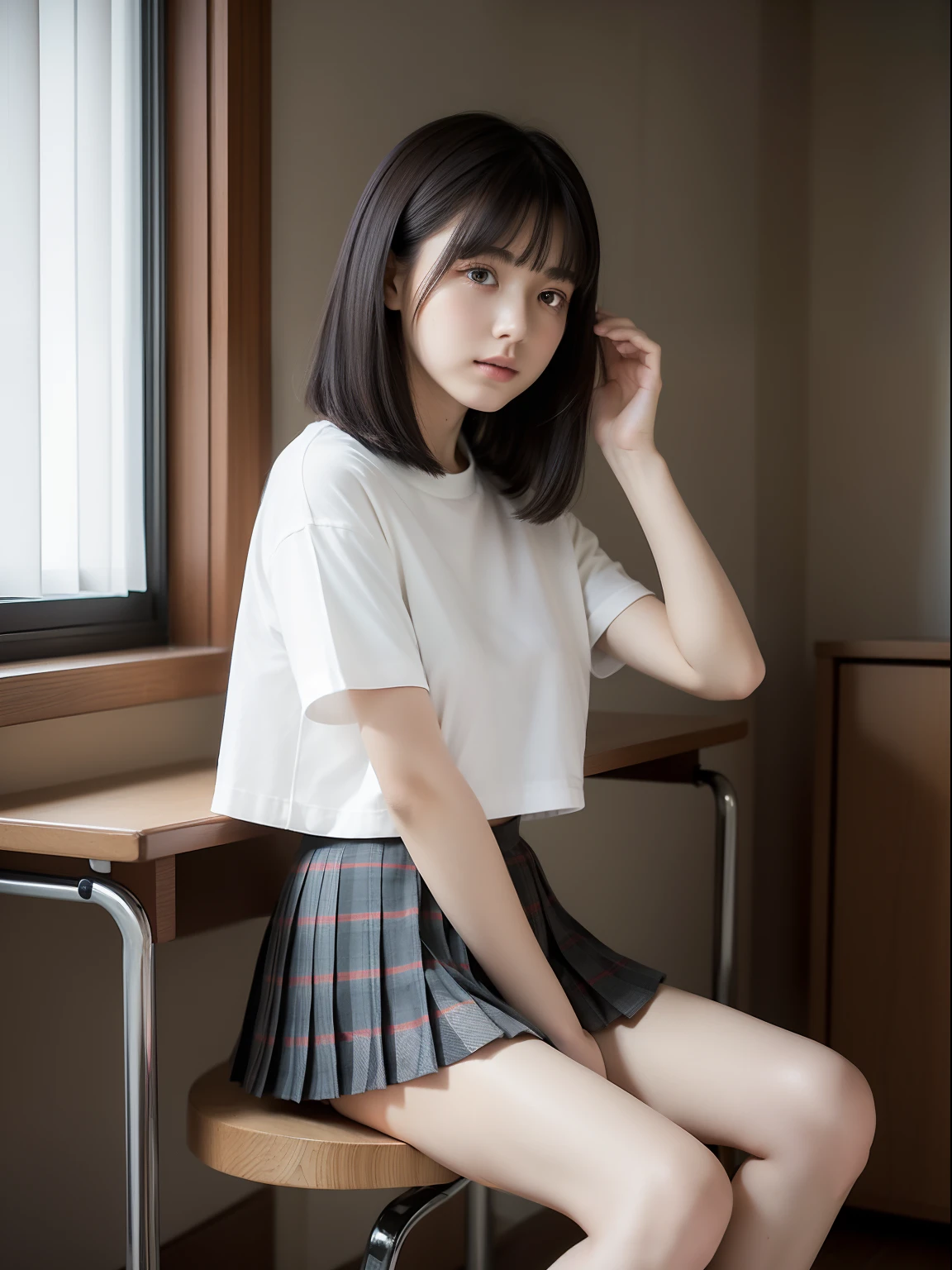 Sleep Performance,Sit in a study chair,Hands between legs,年轻,(Plaid pleated skirt),flat breast,Black short-sleeved T-shirt,parka,Pupils,teens girl,A dark-haired,delicate and petite body,in a house