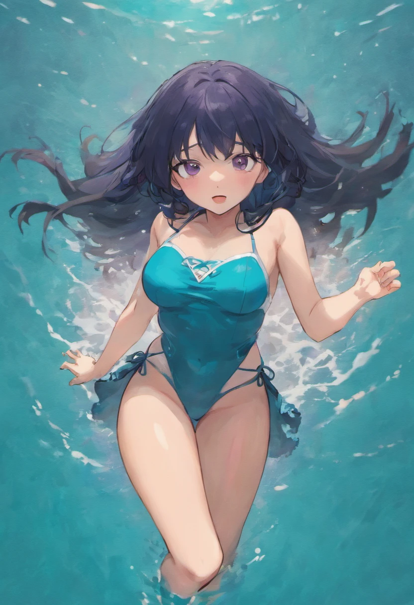 Sea beach background，Big sister with black hair，比基尼，Get wet，hair wet，crisp breasts，cleavage，Clear detail，清晰的线条，orthofacial