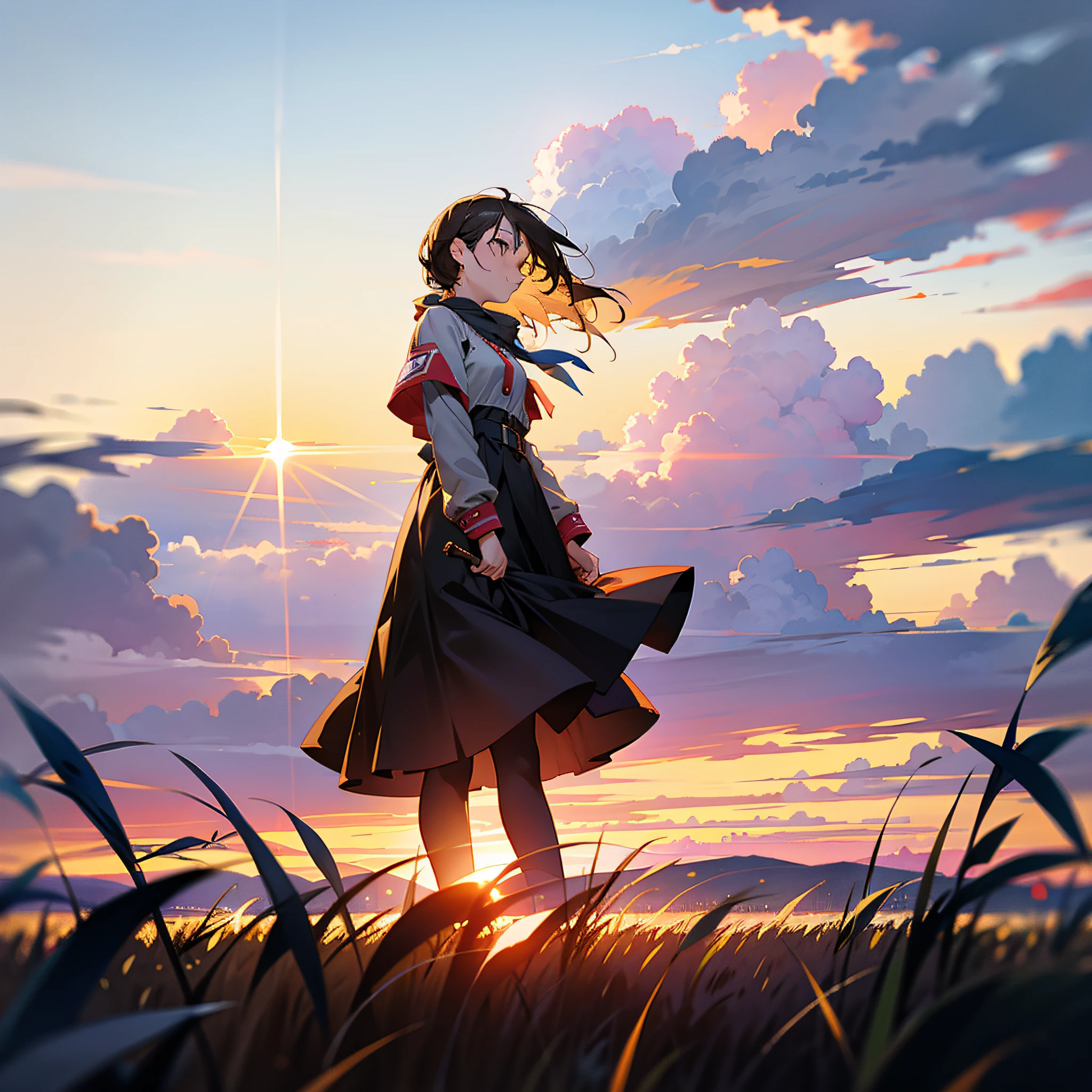 Girl Standing In The Field, gros-plan, Portrait, Clouds, Sunrise