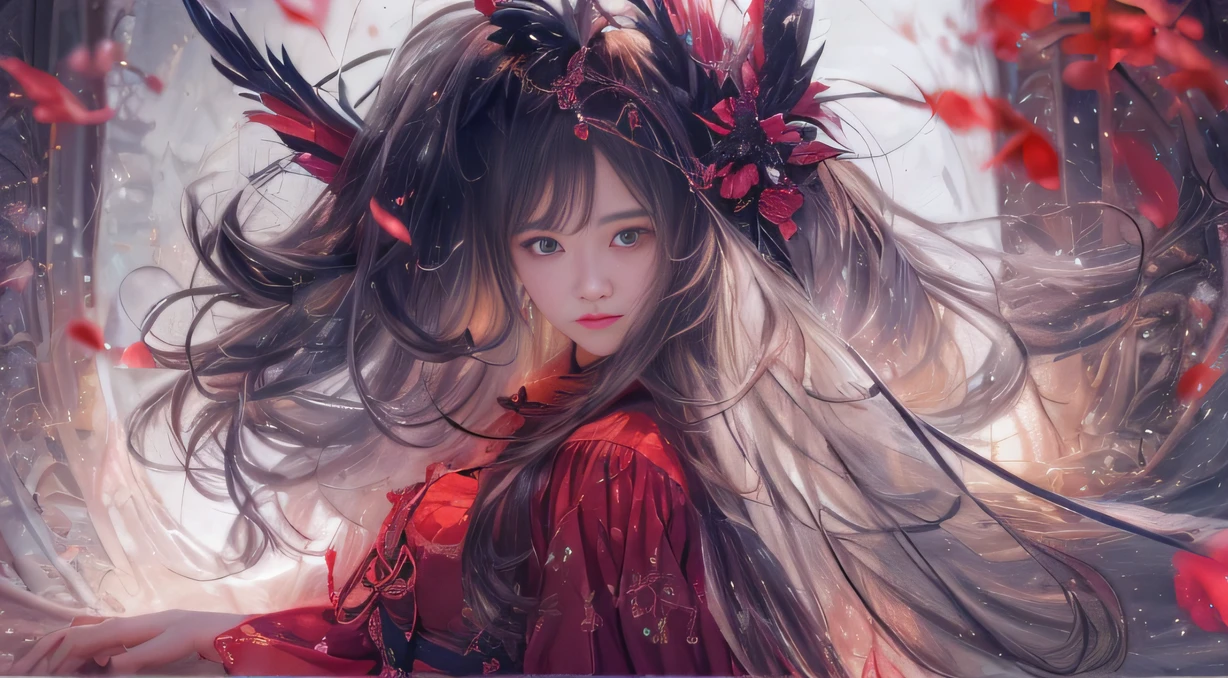 Fantasy Brunette Fairy Tale 32K，复杂，ellegance，highly  detailed，A majestic，Digital photography，Top cinema lenses，surrealism painting，Broken rubies，Beating magic，Entwined water magic，（tmasterpiece，Cinematic light，Fine beautiful eyes：1.2），hdr，Void 5 Energy Storm，(China 1 girl，Black eyes:1.5），Rouge skin，Glowing skin，(sitting on the stone：1.5），delicated face，Black color hair，Wearing palatial red armor，cropped shoulders，The legend of the fantasy fairy，long  skirt，Beautiful platinum armor，Rained，big breasts beautiful，looking at viewert，Face away from the camera，tmasterpiece，Side upper body,Side portrait close-up
Wait for it to start
