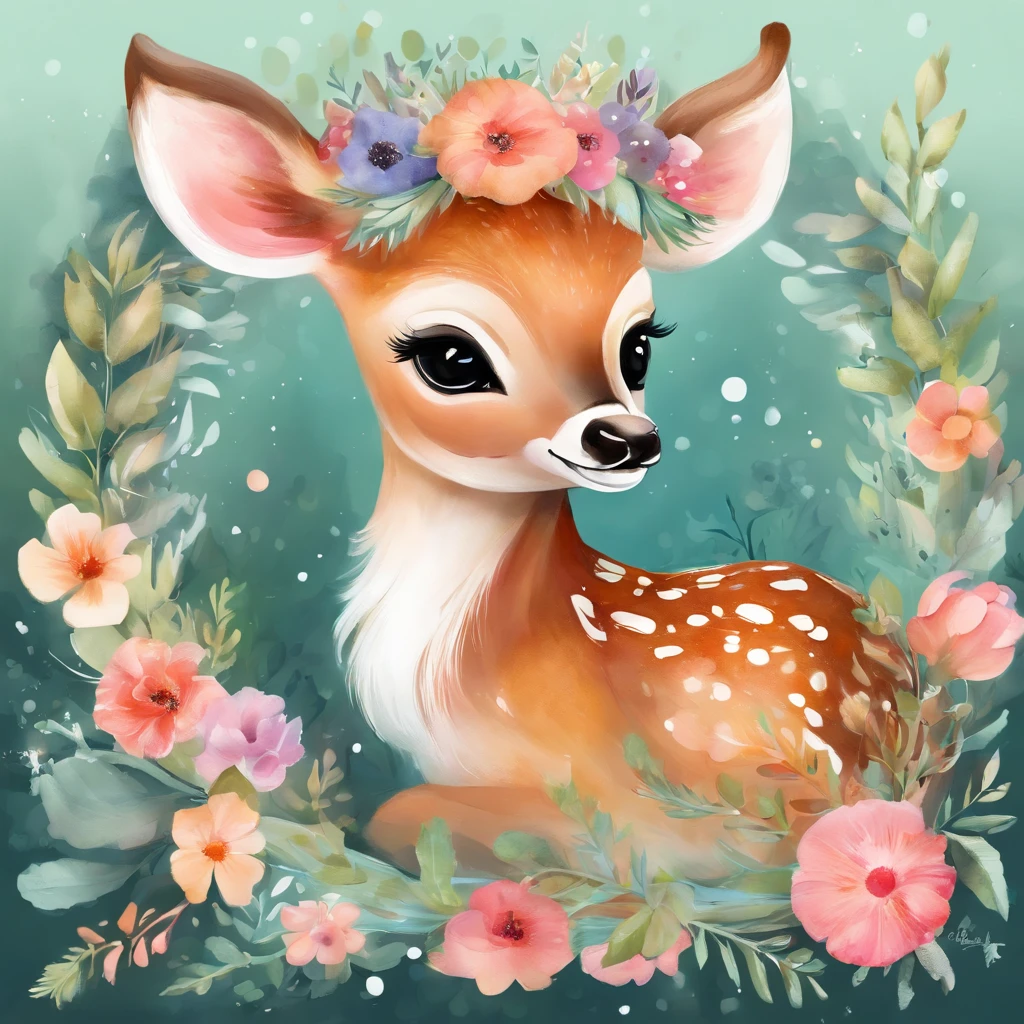 kawaii, High-quality illustration of a baby deer in a wreath, inspired by the artistic styles of Lois van Baarle and RossDraws. The scene should be captured in a natural outdoor setting, with soft sunlight filtering through the trees. Use a 135mm+ lens for a stunning close-up of the deer and flowers. This image must be highly detailed, with 4K resolution and pastel colors