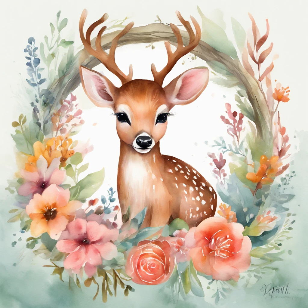 kawaii, High-quality illustration of a baby deer in a wreath, inspired by the artistic styles of Lois van Baarle and RossDraws. The scene should be captured in a natural outdoor setting, with soft sunlight filtering through the trees. Use a 135mm+ lens for a stunning close-up of the deer and flowers. This image must be highly detailed, with 4K resolution and pastel colors