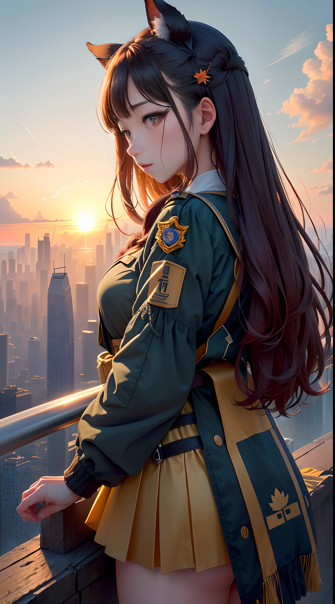 hentail realism，Huge urban sprawl、The rising sun of the army of skyscrapers、The early morning sun was beautiful、horizon，composed々The sky is getting brighter、Huge autumn clouds、Vibrant colors、Girl watching from the top of a mountain in the distance