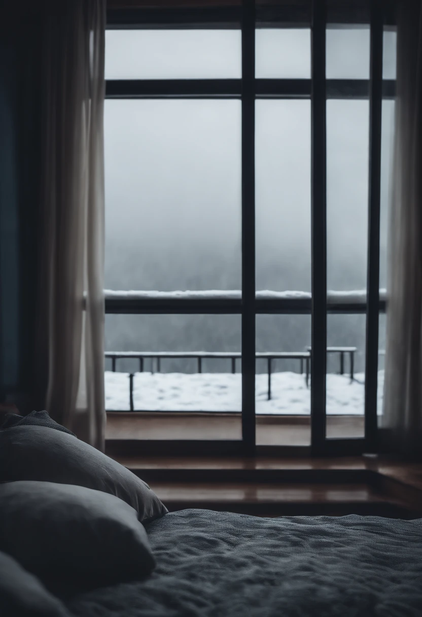 (masterpiece, bestquality),Bedroom with Snow View,Outside the window,Fog,Comfy bed..,Sea of clouds and rain,warm,lonely