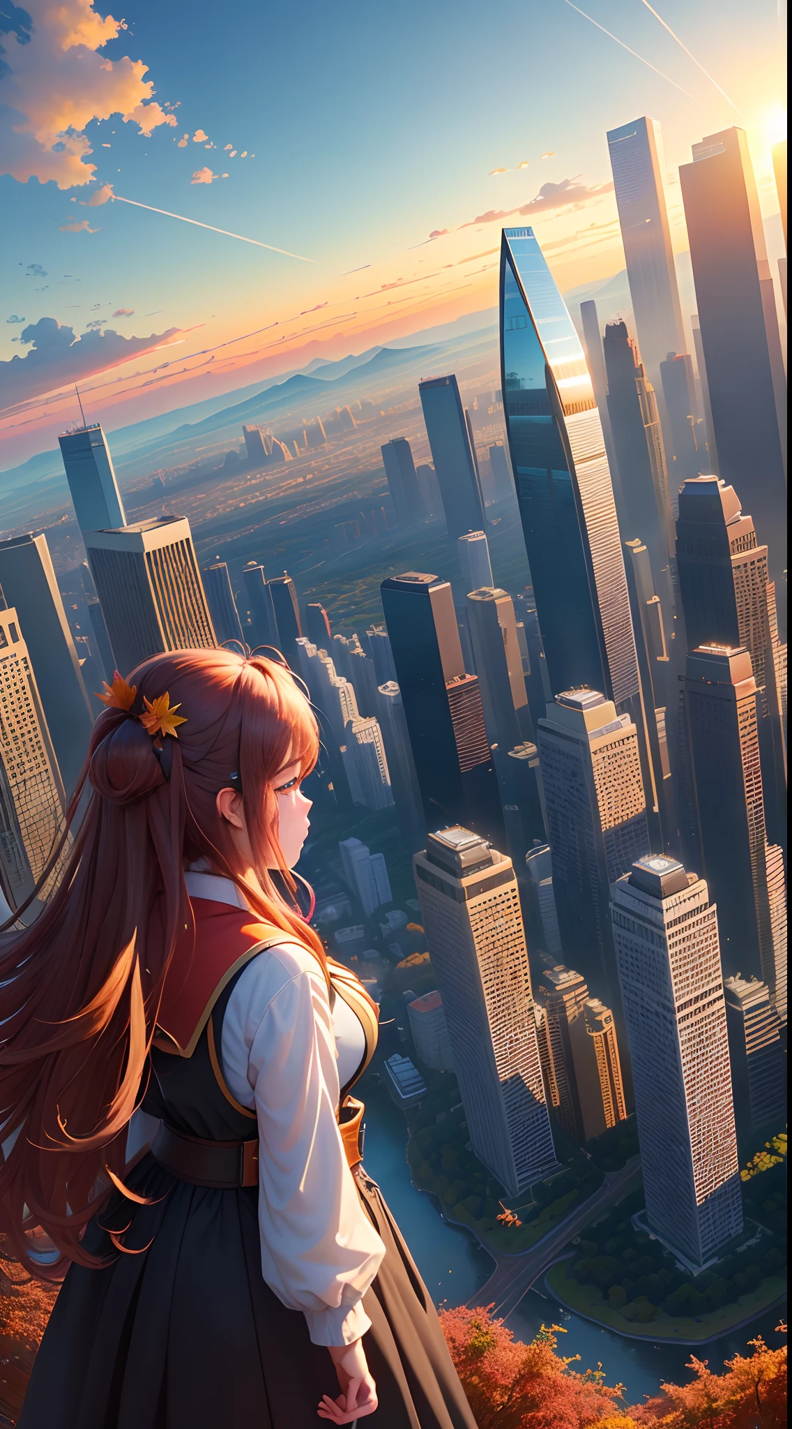 hentail realism,Huge urban sprawl、The rising sun of the army of skyscrapers、The early morning sun was beautiful、horizon,composed々The sky is getting brighter、Huge autumn clouds、Vibrant colors、Girl watching from the top of a mountain in the distance
