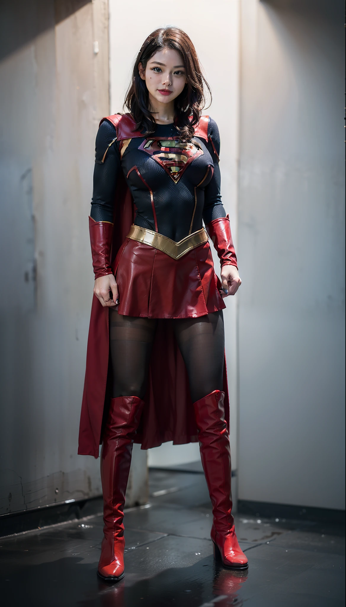 (((Be sure to wear black tights)))、(((Keep your background simple)))、(((Make the most of the original image)))、(((Supergirl Costume)))、(((shiny short hair)))、(((Suffering)))、(((Feet must necessarily be worn with black tights)))、(((Smile)))、(((You need to wear red boots)))、((Top image quality、8K))、((top-quality、8K、masterpiece:1.3))、(((Keep your background simple)))、Crisp focus:1.2、Beautiful woman with perfect body shape:1.4、Slender Abs:1.2、((layers-Cut、large boob:1.2))、a wet body:1.5、Highly detailed facial and skin texture、