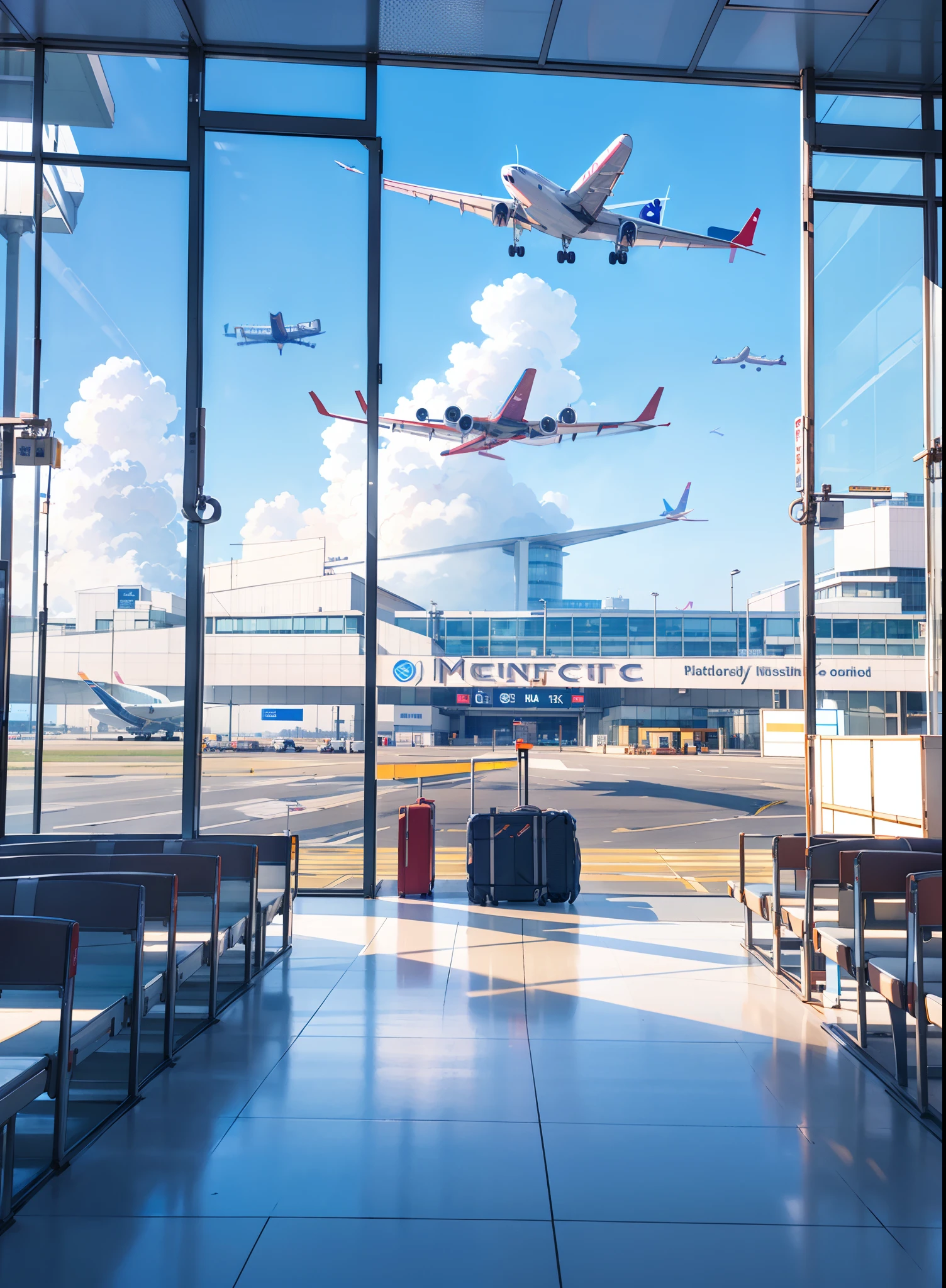 Large panoramic window, from which the planes are visible, morning, Airport Terminal