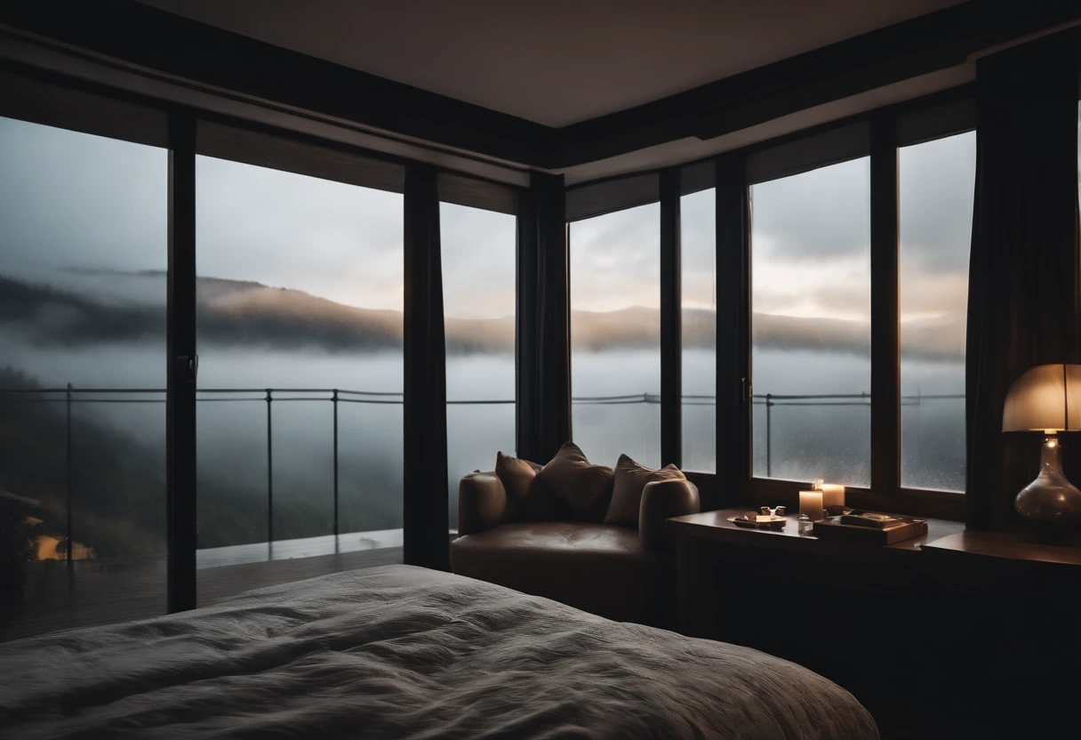 (masterpiece, bestquality),Bedroom with Snow View,Outside the window,Fog,Comfy bed..,Sea of clouds and rain,warm,lonely