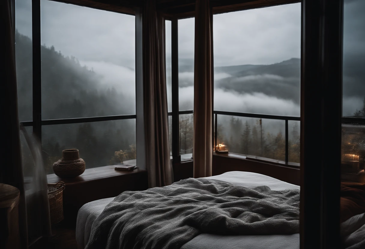 (masterpiece, bestquality),Bedroom with Snow View,Outside the window,Fog,Comfy bed..,Sea of clouds and rain,warm,lonely
