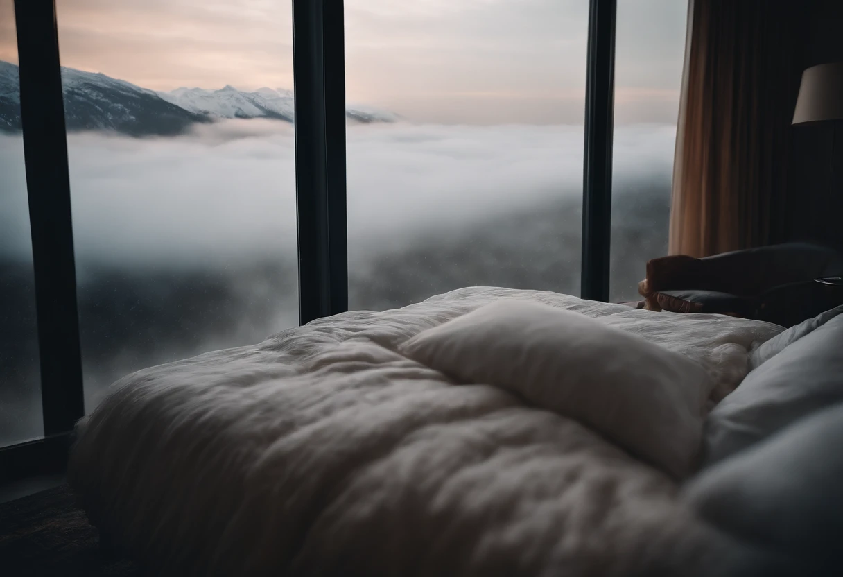 (masterpiece, bestquality),Bedroom with Snow View,Outside the window,Fog,Comfy bed..,Sea of clouds and rain,warm,lonely