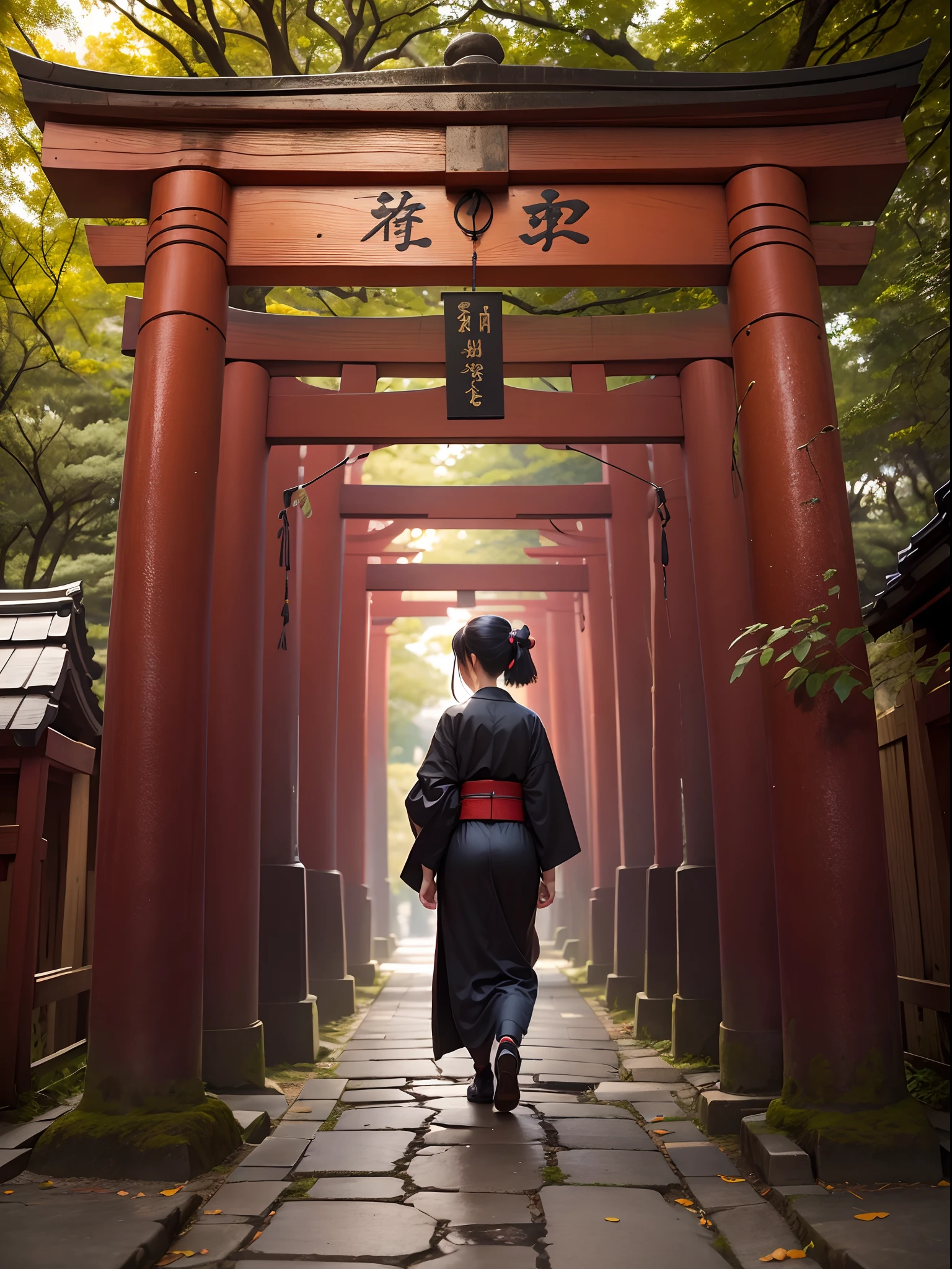 (8k, 16k, highest quality, photorealistic, raw photo, award winning, high resolution, high definition, anatomically correct, masterpiece: 1.3), (1 girl), Fushimi Inari Taisha Shrine in Kyoto Prefecture, narrowly spaced Lots of torii gates lined up, hundreds of vermilion torii gates, Japanese women in kimonos, stone pavement, letters written in ink on the torii gates, the size of the torii gates is about 180 cm, sunlight filtering through the trees, fresh greenery,