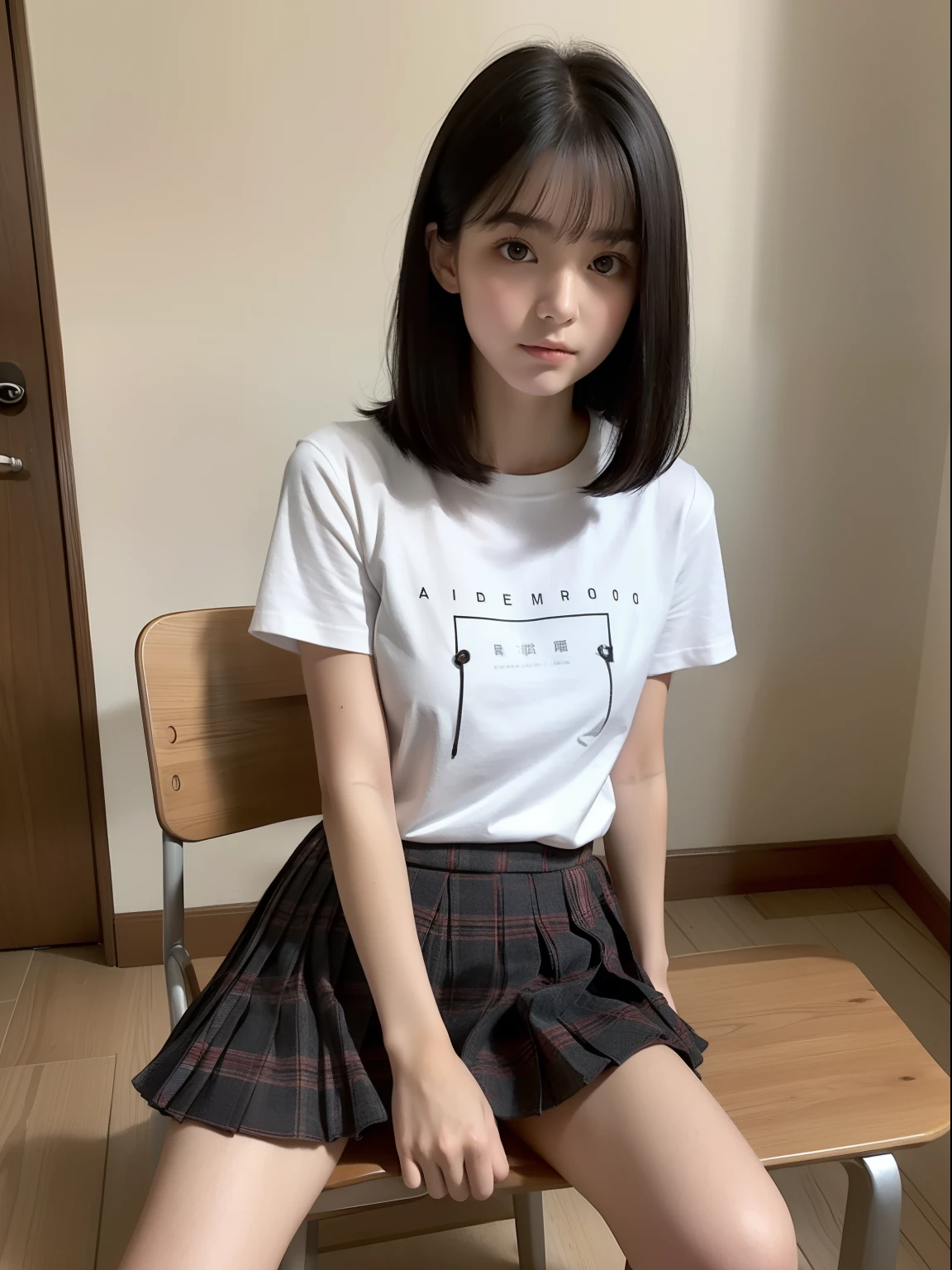 Sleep Performance,Sit in a study chair,Hands between legs,年轻,(Plaid pleated skirt),flat breast,Black short-sleeved T-shirt,parka,Pupils,teens girl,A dark-haired,delicate and petite body,in a house