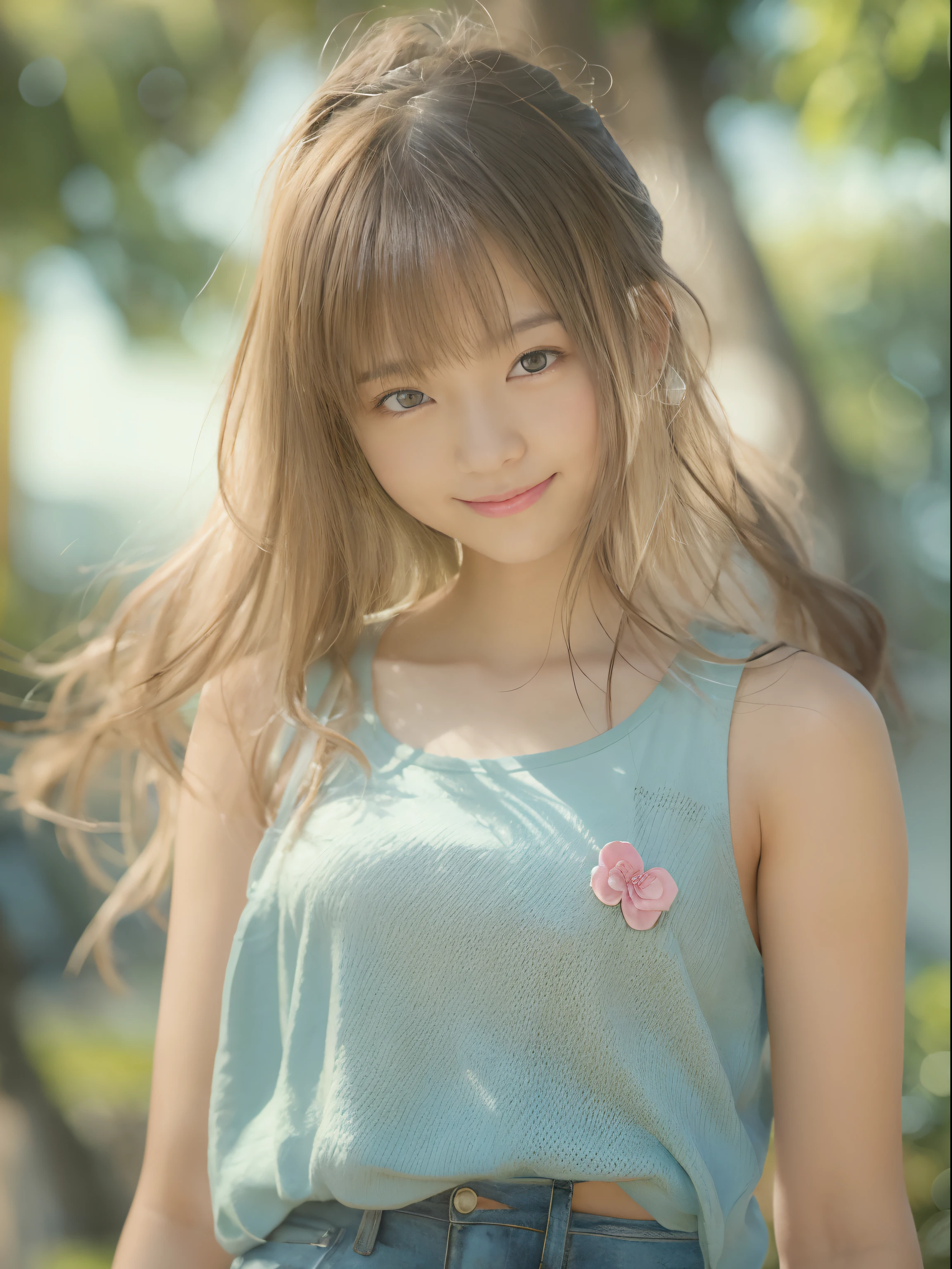 (8K, top-quality, masterpiece:1.2), (realisitic, Photorealsitic:1.37), ultra-detailliert, One girl,cute little, 独奏,Beautiful detailed sky,date,(Nasal blush),(A smile:1.15),(a closed mouth)tiny chest、beatiful detailed eyes、(length hair: 1.2)、Floating Hair NovaFrogStyle、The upper part of the body、Tank Tops、An 18-year-old woman、Happy smile