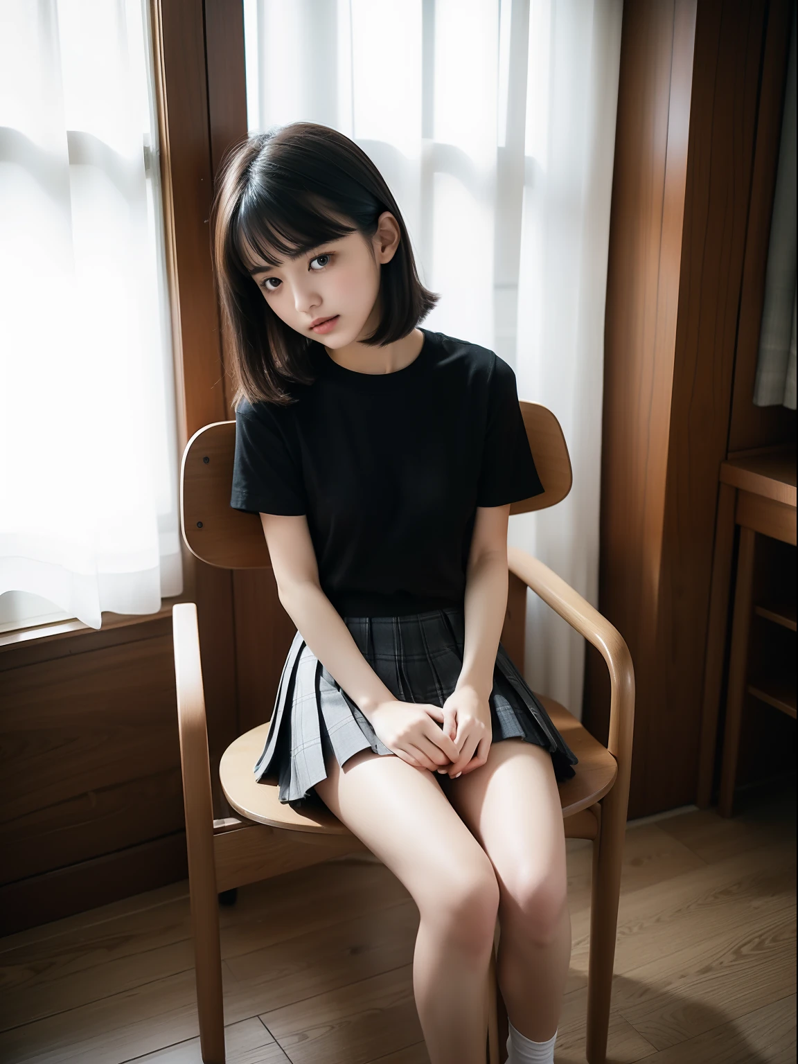 Sleep Performance，Sit in a study chair，Hands between legs，年轻，(Plaid pleated skirt)，flat breast，Black short-sleeved T-shirt，parka，Pupils，teens girl，A dark-haired，delicate and petite body，in a house