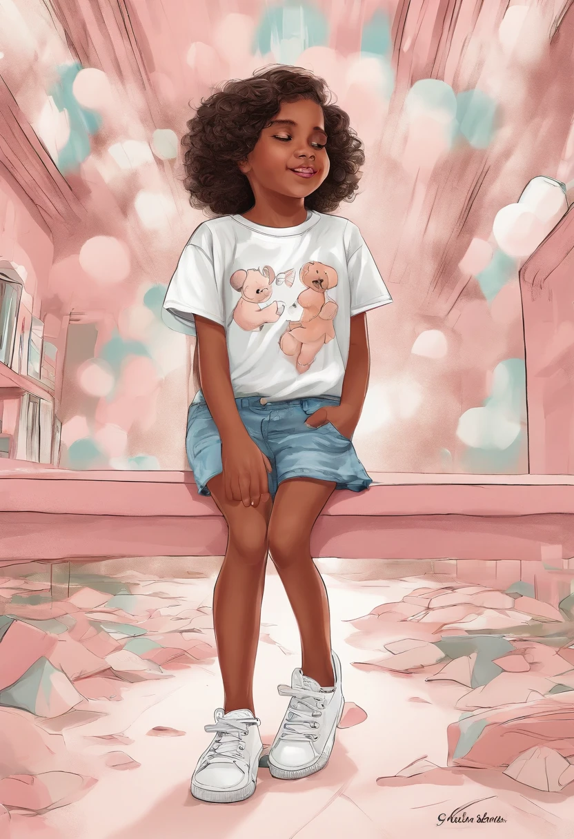 , multiples poses and expressions, fundo branco, illustration of children's book, simples, fofa, 6 anos de idade, cor brilhante, cabelo longo preto, short branco, camisa de manga rosa, white sneakers