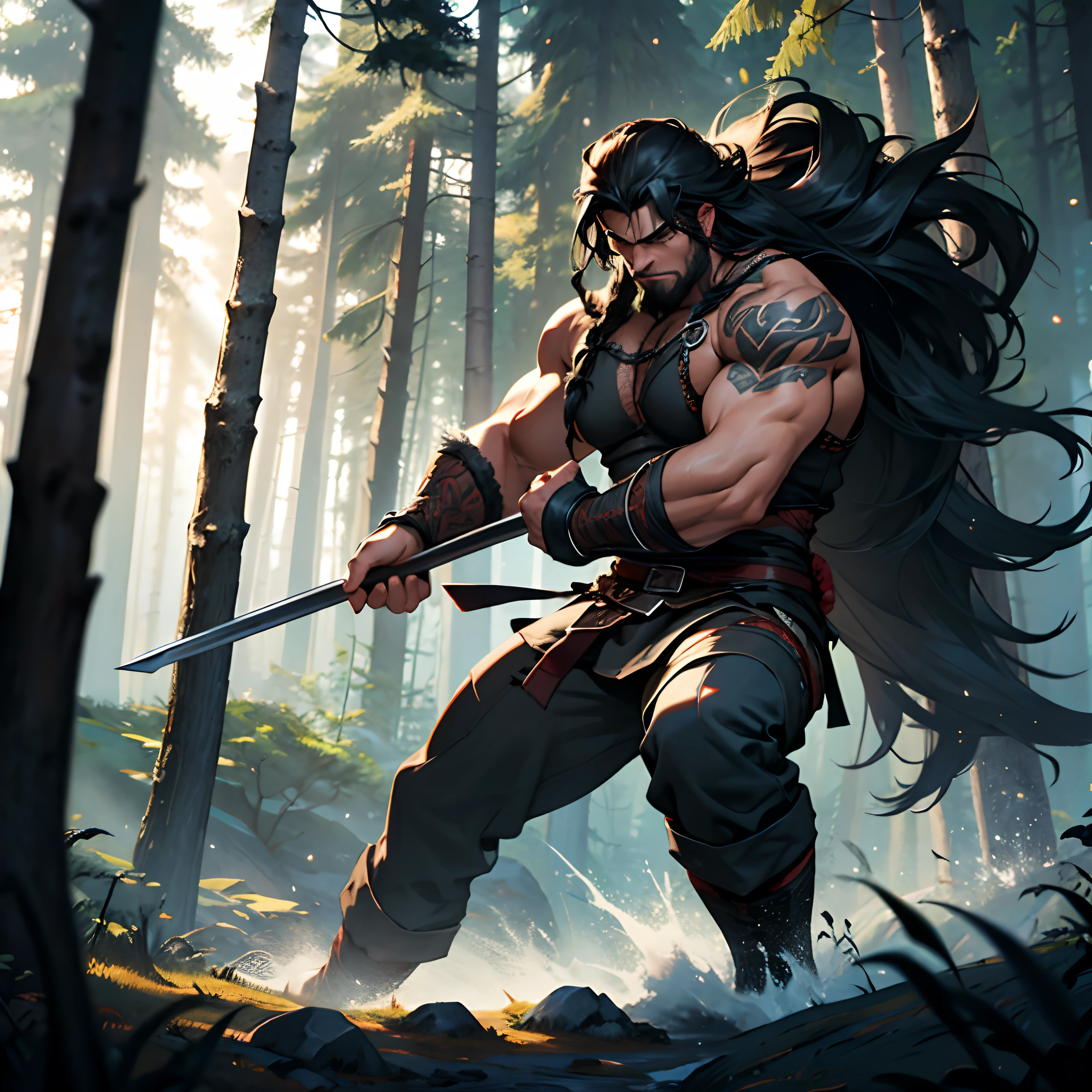 Musculous Viking Berserker. Dark Black Long Hair. Very Long Hair. Forest Background