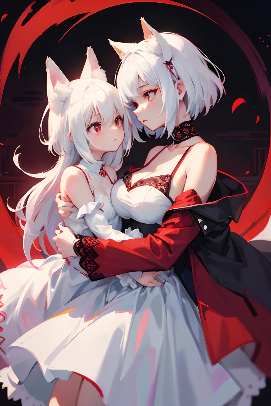 Fox girl and fox daughter(short white hair,Red eyes),White lace dress,Black-Red Jacket,Open shoulders,Slightly visible breasts,bride,wife,Hugging her daughter.