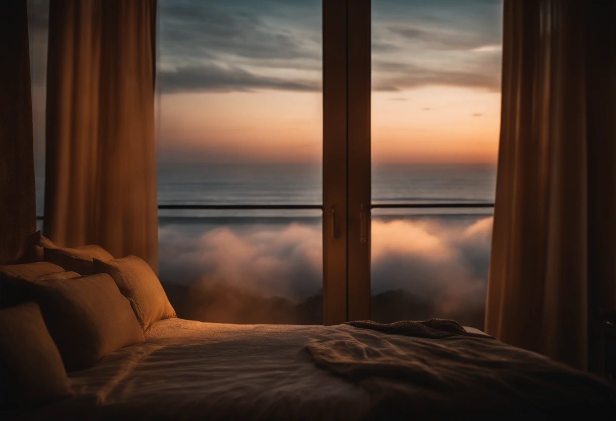 (masterpiece, bestquality),Bedroom with Sea View,Outside the window,It's raining,Fog,Sea of clouds,warm,Evening Lights
