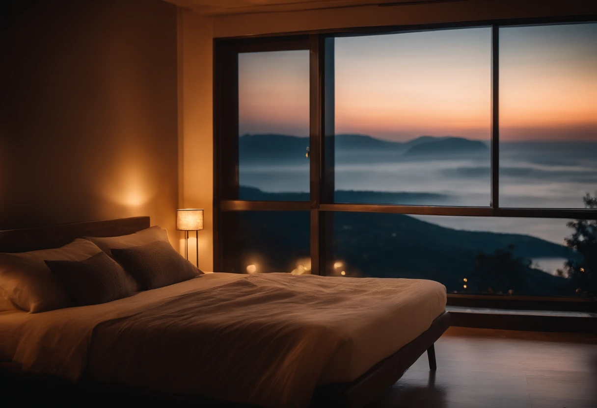 (masterpiece, bestquality),Bedroom with Sea View,Outside the window,It's raining,Fog,Sea of clouds,warm,Evening Lights