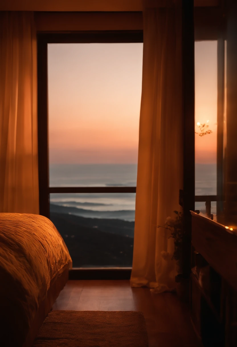 (masterpiece, bestquality),Bedroom with Sea View,Outside the window,It's raining,Fog,Comfy bed..,Sea of clouds,warm,Evening Lights