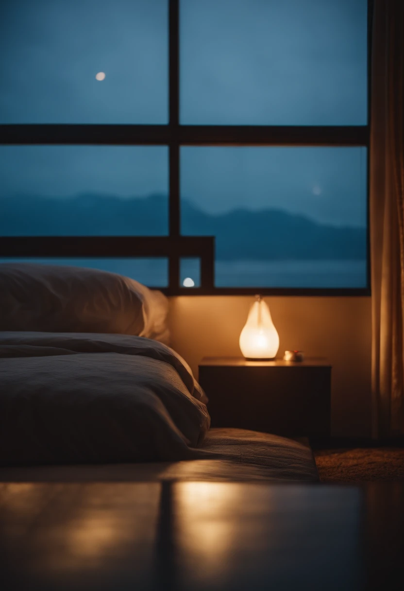 (masterpiece, bestquality),Bedroom with Sea View,Outside the window,It's raining,Fog,Comfy bed..,Sea of clouds,warm,Evening Lights