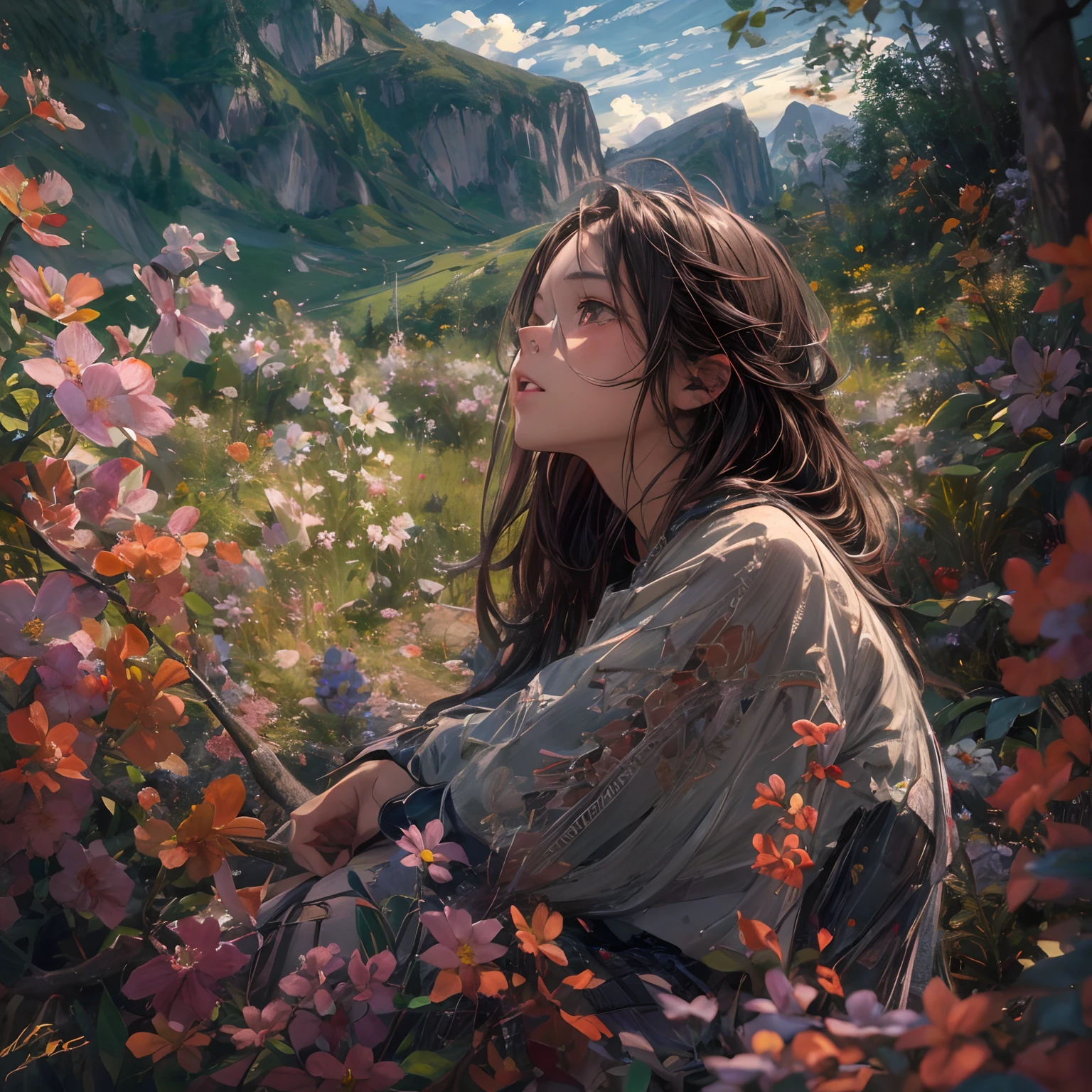 girl, sitting, side shot, (sky:1.3), (masterpiece, best quality, perspective, depth of field:1.5), flowers, rocky mountain, woods, beautiful face, thighs, from below, 8k, raw photo, absurdres, impressionism, (Tom Thomson, Claude Monet, Joaquín Sorolla, James Wilson Morrice, John Fabian Carlson, Hugh Henry Breckenridge:0.8), HDR, photorealistic, film grain, chromatic aberration, highres, ultra detailed, finely detail, dynamic lighting, dramatic lighting, shadow, sharp focus, extremely detailed eyes and face, sharp pupils, realistic pupils