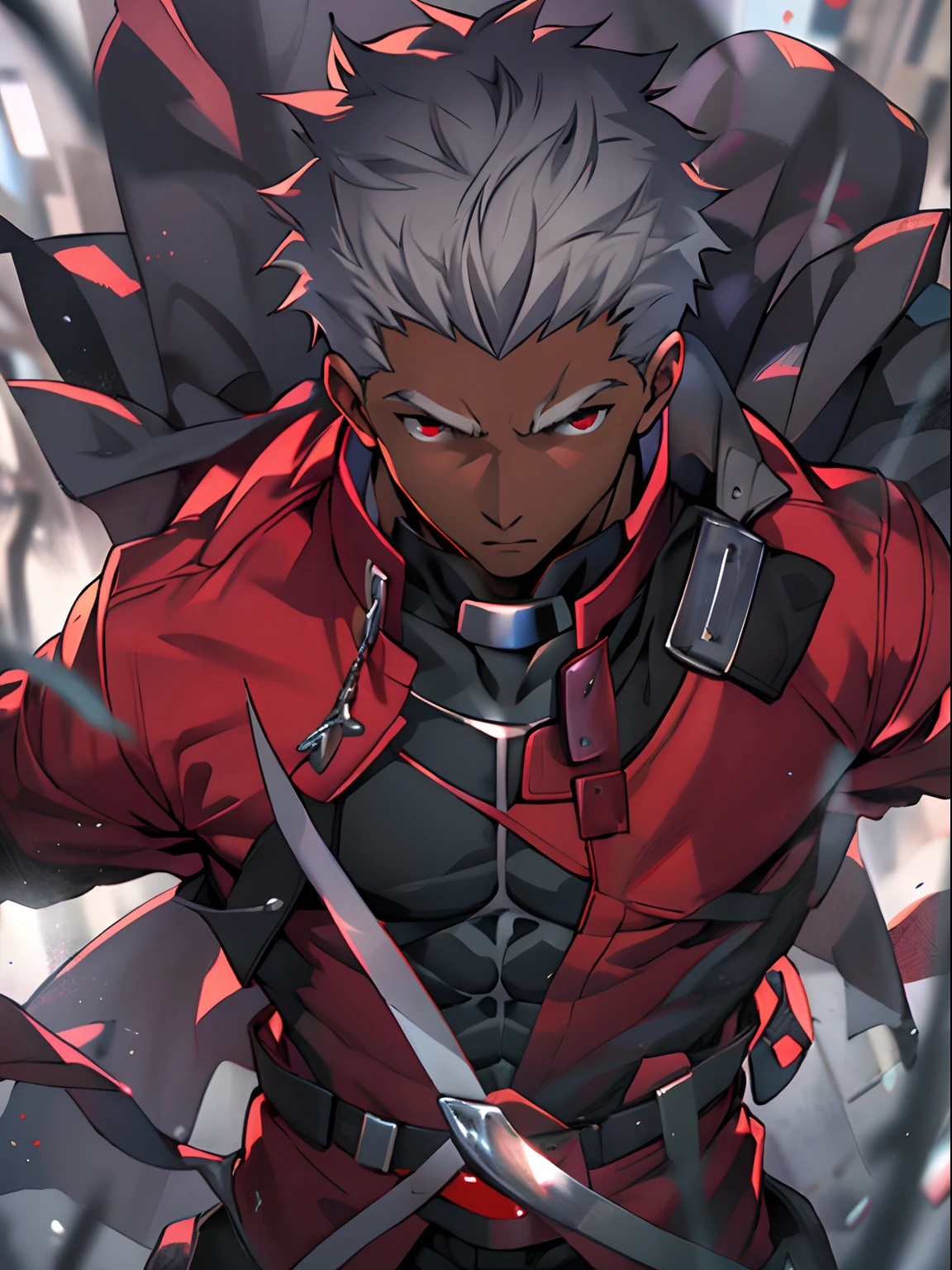 masterpiece, best quality, 1boy, solo, dark-skinned toned male, facing viewer, red eyes, ulra detailed, 8k, high res, (detailed manly face: 1.2), (anime: 1.3), fate unlimited blade works, award winning, anatomically correct, eye focus, (emiya /(archer/):1.2), (fate/unlimited blade works: 1.3), (anime style: 1.3), dark skin, fate anime style, red jacket, black shirt, covered abs, night city background, cinematic lighting, silver hair,