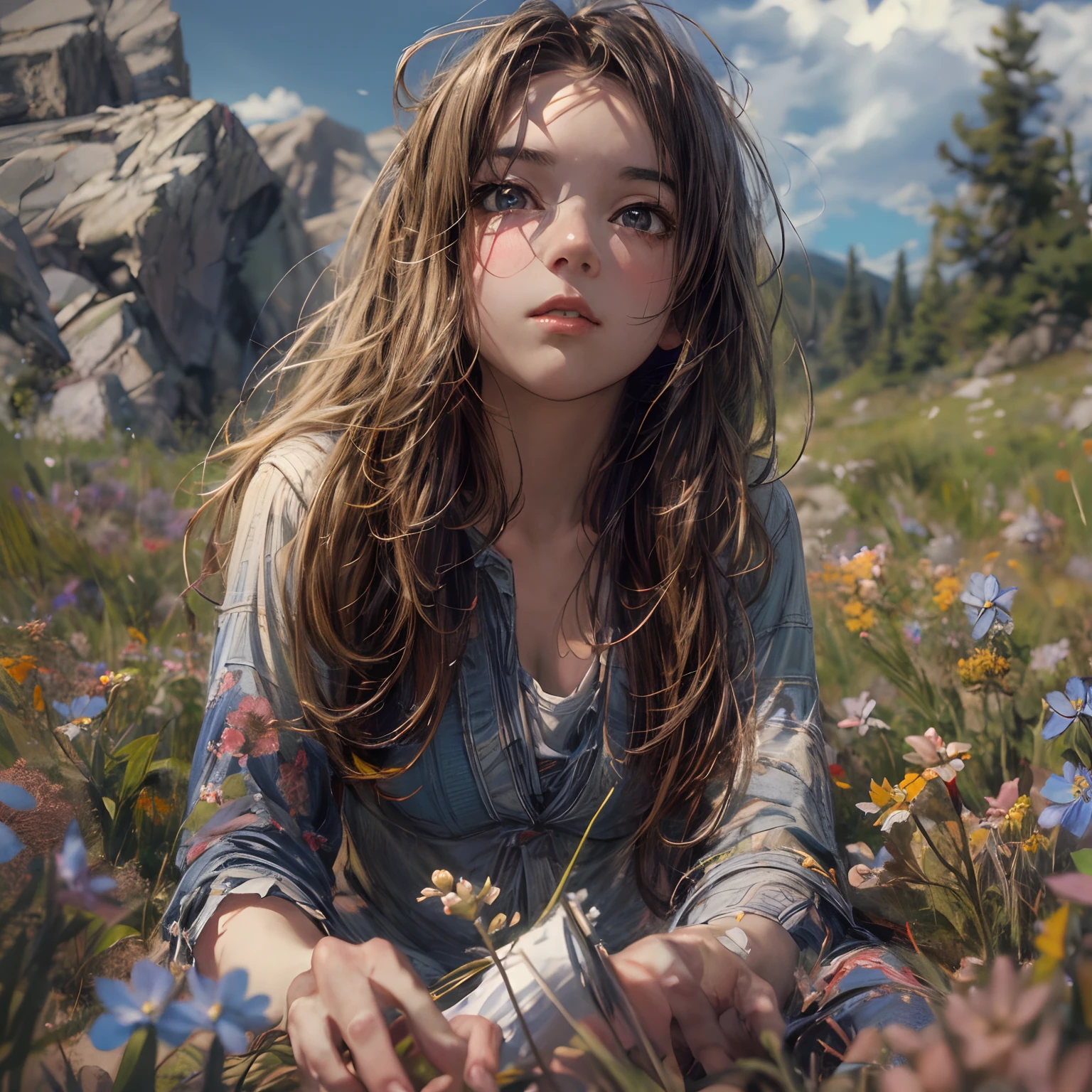 girl, sitting, side shot, (sky:1.3), (masterpiece, best quality, perspective, depth of field:1.5), flowers, rocky mountain, woods, beautiful face, thighs, from below, 8k, raw photo, absurdres, impressionism, (Tom Thomson, Claude Monet, Joaquín Sorolla, James Wilson Morrice, John Fabian Carlson, Hugh Henry Breckenridge:0.8), HDR, photorealistic, film grain, chromatic aberration, highres, ultra detailed, finely detail, dynamic lighting, dramatic lighting, shadow, sharp focus, extremely detailed eyes and face, sharp pupils, realistic pupils