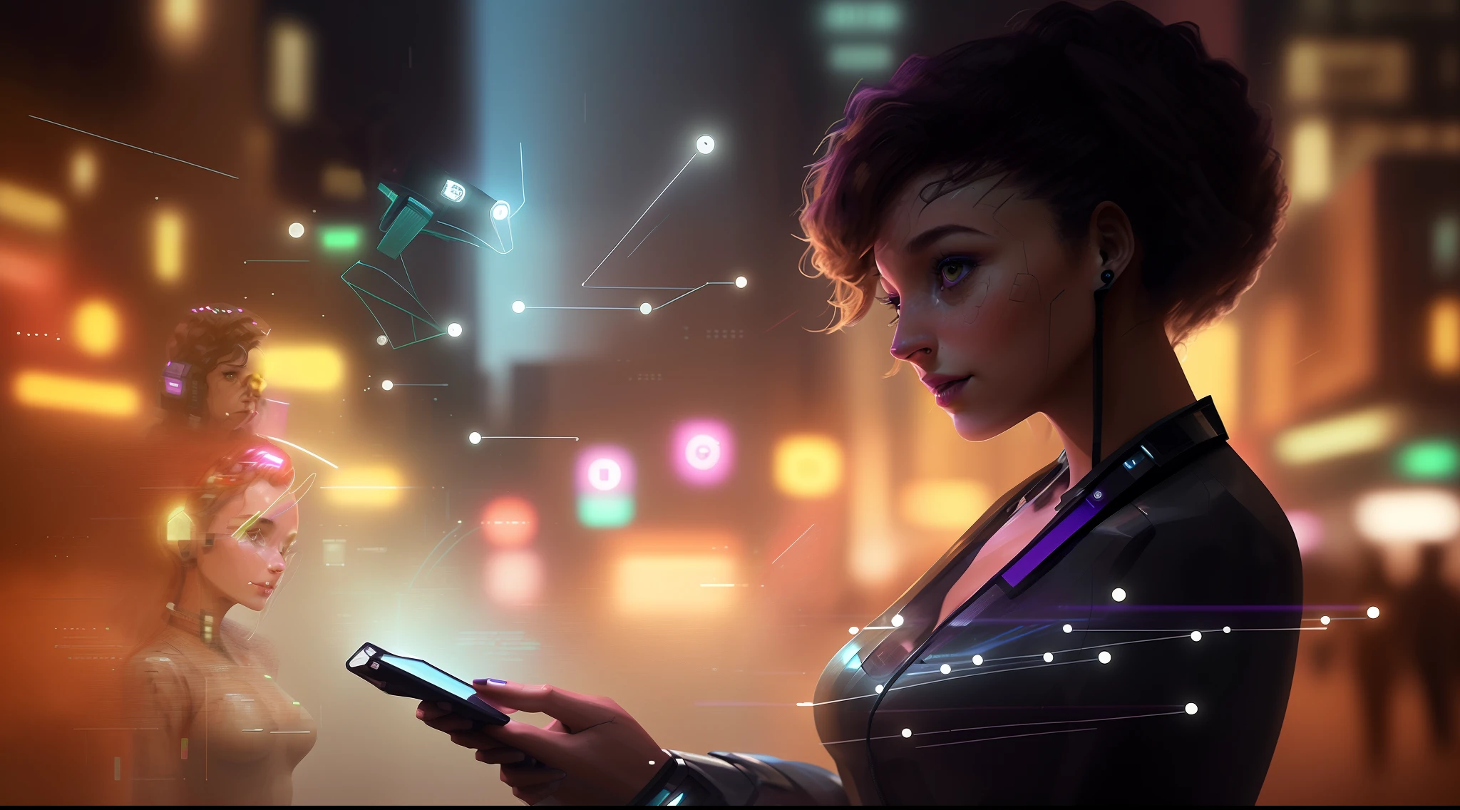 Curly-haired brunette woman using a smart phone in a city at night, She's holding a smartphone and interacting with an artificial intelligence , Tech-Preto, androide feminina brasileira, Directed by: Kurt Roesch, Deusa verificando seu telefone, verificando seu telefone, beautiful city brunette woman only, arte digital, arte digital, Directed by: Adam Marczyński, mulher android bonita, Avatar dos seus dados pessoais, Aprimorado digitalmente, Social Media Icons and Artificial Intelligence