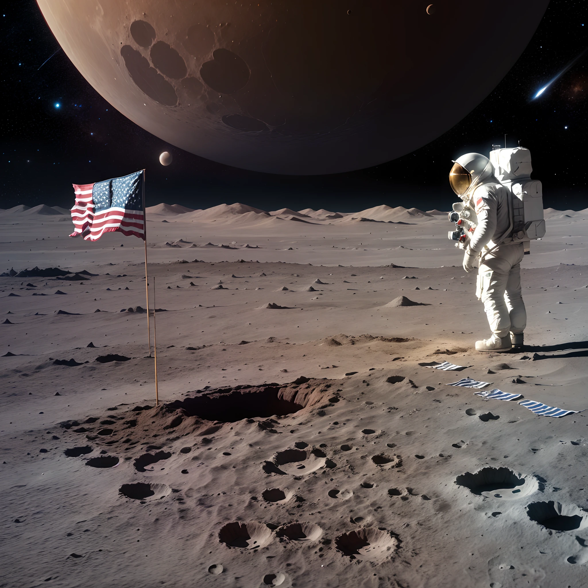 The American flag is planted on the moon, the flag is stuck on the moon, the flag is in tatters, empty outer space, the earth can be seen in the distance, many craters, the earth seen from the moon, space photography, This flag was once erected by Neil Armstrong, the commander of the Apollo 11 mission