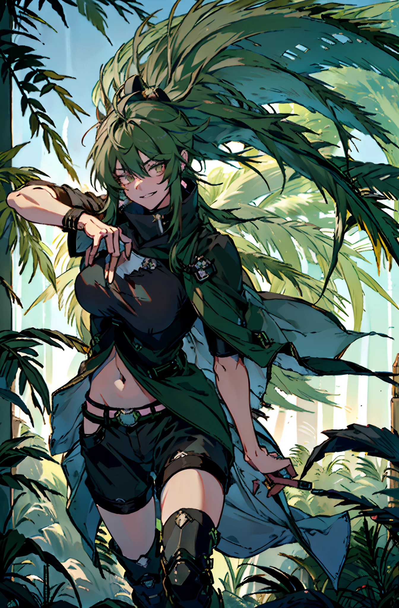 Pure sky，mechanical leg，Black mechanical legs，Plump legs，Green gem setting，Anime girl standing gracefully on the ground，Black cape and green hair, rogue anime girl, Anime girl standing, Wearing a cloak on the blasted plain, asuka suit under clothes!, Cyborg girl, badass posture, mechanic punk outfit, anime styled 3d, render of a cute 3d anime girl, gapmoe yandere grimdark, Female character，musculature，Abs，Glowing green eyes，Black hair with green gradient，short detailed hair，Bunched hair，Dull hair，（Muscle 2.0），Tomboyish，Be red in the face，looking at viewert，Elaborate Eyes，Black mechanical legs，huge tit，1.5，ssmile，Openwork black silk，Straight big breasts，strappy，Black openwork hot pants，White bandeau，Toothless smile，Lower breast，Mechanical wind，There are no cities，Side breasts，Excitation，Top crotch，Sexy lower abdomen，Camel toes，Big Green Knife，Sexy underarms