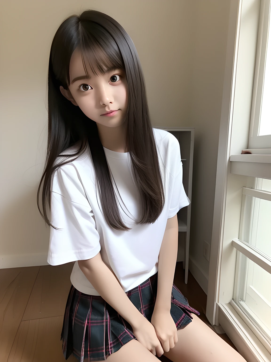 wariza，Sit up，Hands between legs，年轻，(Plaid white pleated skirt)，flat breast，Short sleeve T-shirt，parka，Pupils，s girl，A dark-haired，delicate and petite body，in a house