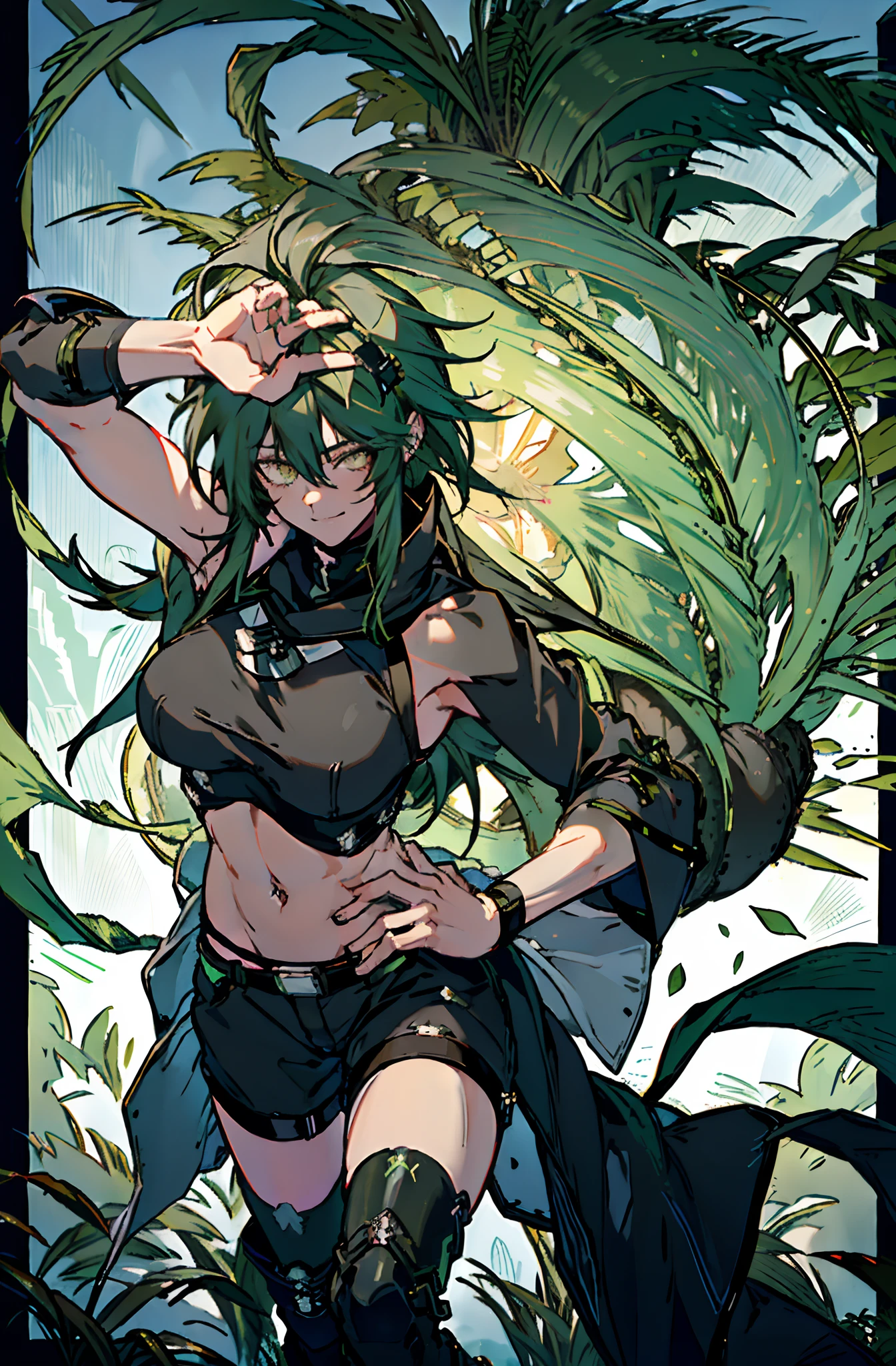 Pure sky，mechanical leg，Black mechanical legs，Plump legs，Green gem setting，Anime girl standing gracefully on the ground，Black cape and green hair, rogue anime girl, Anime girl standing, Wearing a cloak on the blasted plain, asuka suit under clothes!, Cyborg girl, badass posture, mechanic punk outfit, anime styled 3d, render of a cute 3d anime girl, gapmoe yandere grimdark, Female character，musculature，Abs，Glowing green eyes，Black hair with green gradient，short detailed hair，Bunched hair，Dull hair，（Muscle 2.0），Tomboyish，Be red in the face，looking at viewert，Elaborate Eyes，Black mechanical legs，huge tit，1.5，ssmile，Openwork black silk，Straight big breasts，strappy，Black openwork hot pants，White bandeau，Toothless smile，Lower breast，Mechanical wind，There are no cities，Side breasts，Excitation，Top crotch，Sexy lower abdomen，Camel toes，Big Green Knife，Sexy underarms