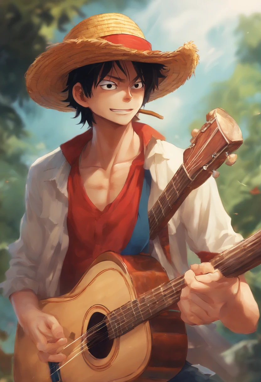luffy au chapeau de paille qui joue a football avec une guitare