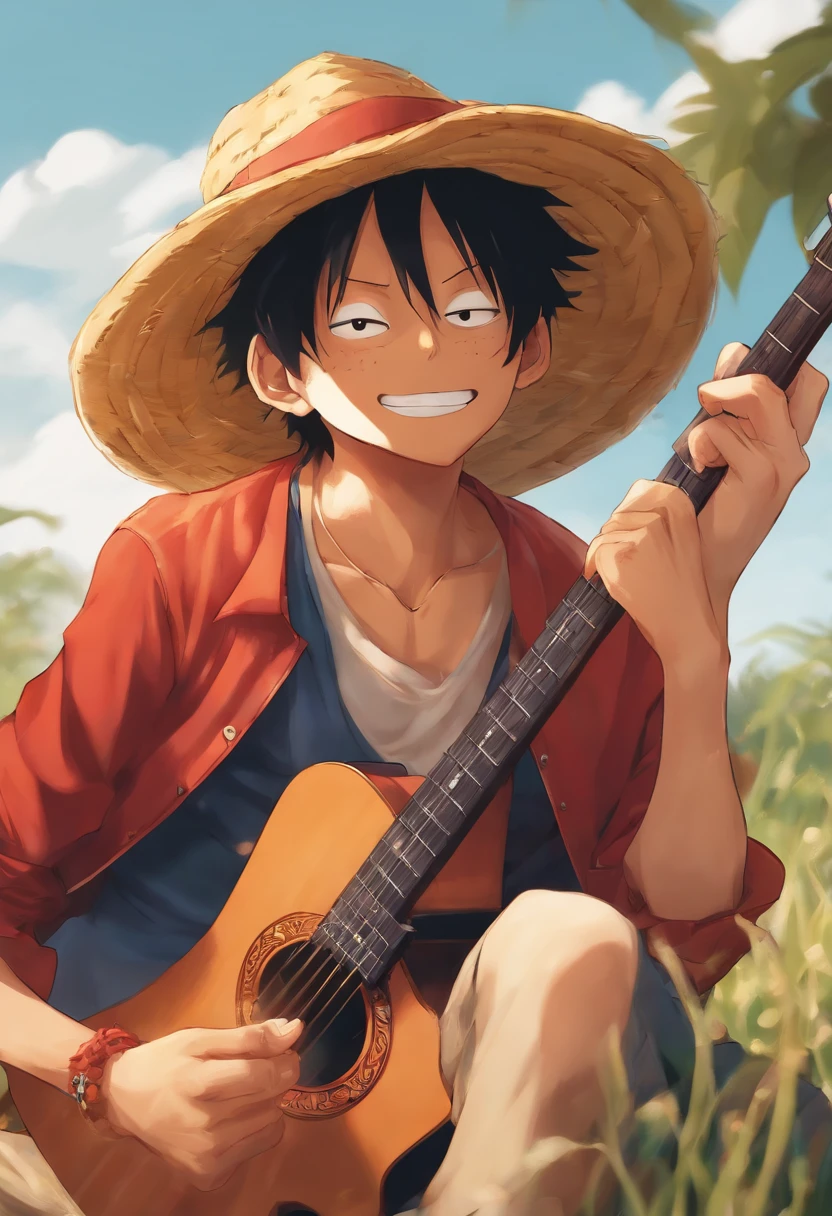 luffy au chapeau de paille qui joue a football avec une guitare