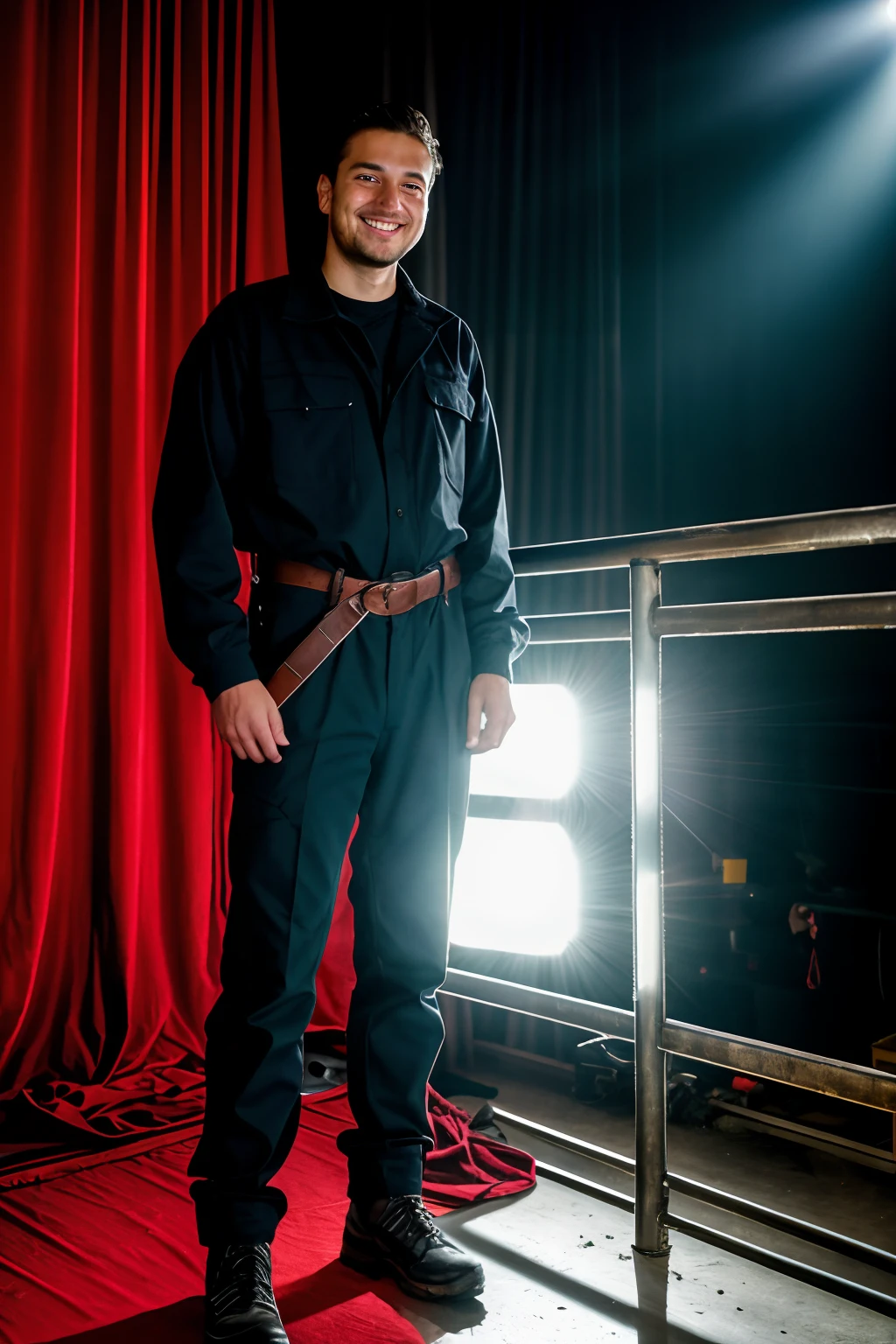 technical worker about 26 y.o. on a big stage in a theater who is working with curtains, lights and podia, high resolution, lifelike, wearing working clothes, crispy detail, looking in the camera and smiling while hanging a curtain on a rail, wearing tools in a belt, hard shadows, cinematic shot, dramatic lighting, 30 meters away